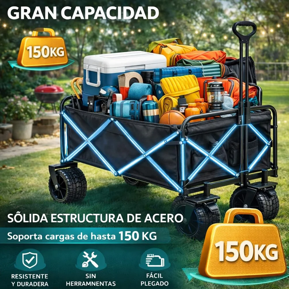 Carro de Mano Plegable con Ruedas Grandes Todoterreno 150kg Asa Ajustable Multiusos