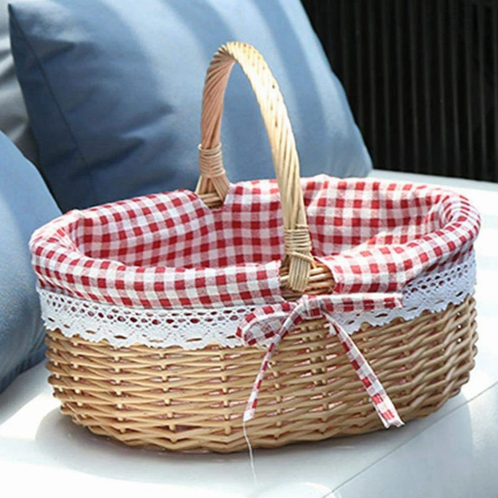 3X Cesta de Mimbre Cestas de Regalo Cesta de Picnic Tejida de Sauce Ovalada Vacía con Asa Cesta de Boda Pequeña