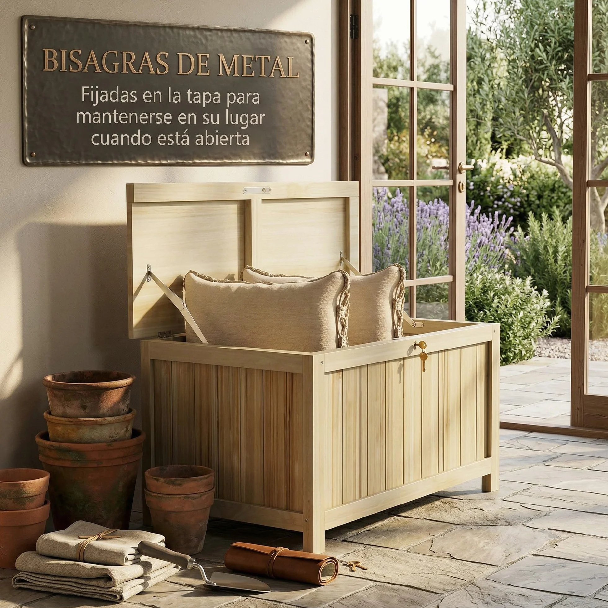 Outsunny Arcón Exterior de Madera 172 L con Tapa Abatible Baúl de Almacenaje Exterior Resistente a la Intemperie 120x55x45 cm