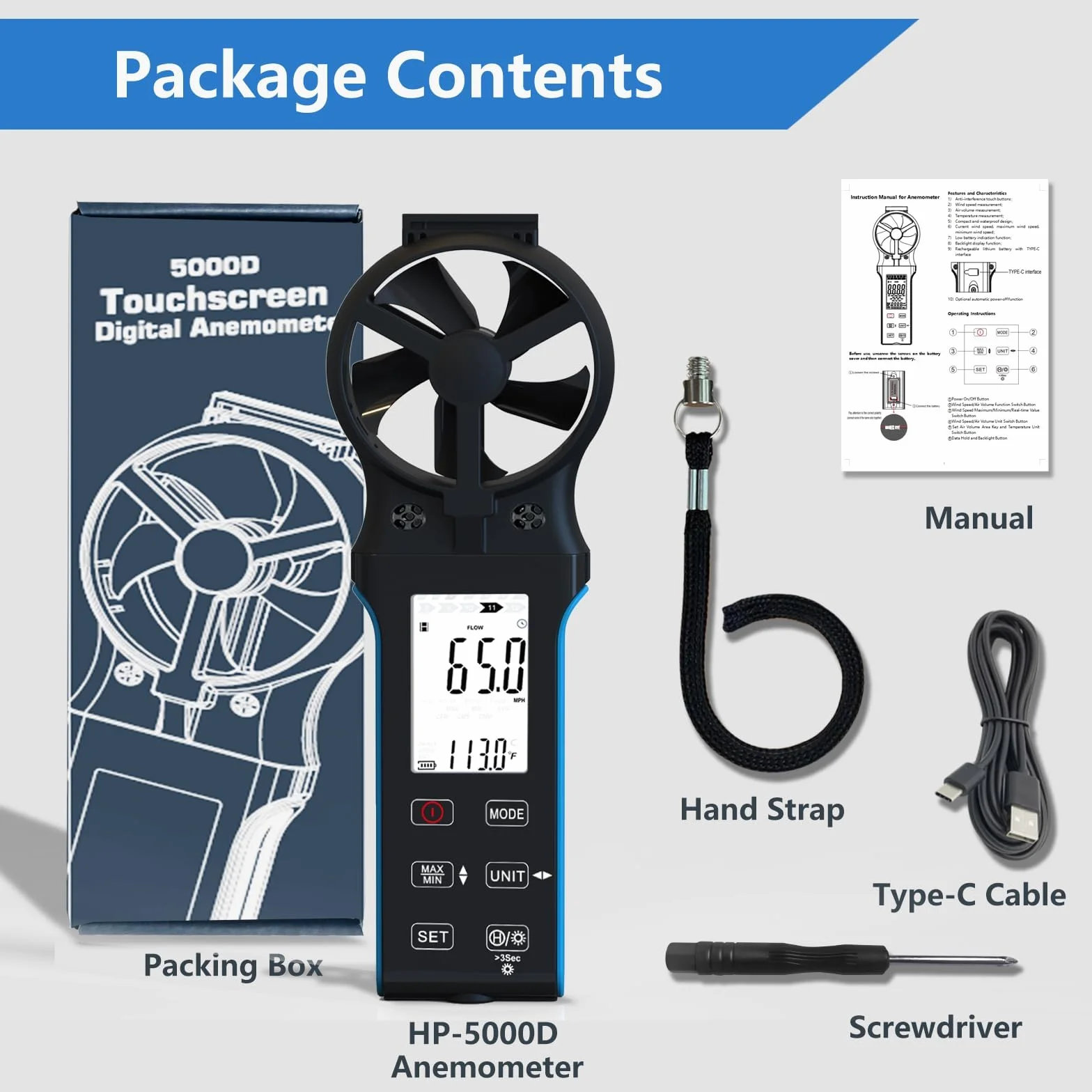 Anemómetro Digital de Mano CFM para HVAC Recargable Medición Velocidad Viento Flujo Aire Temperatura