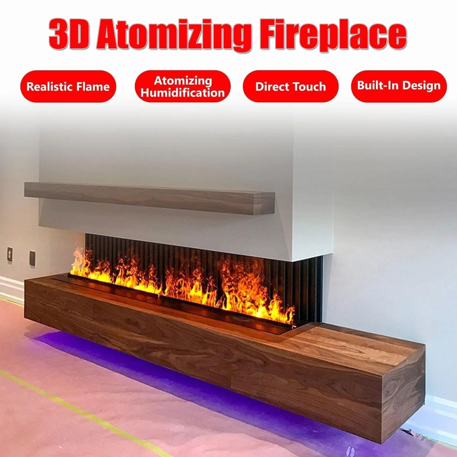 Chimenea de Vapor de Agua 3D, Humidificador Control Táctil/Remoto 100cm, Efecto de Llama 3D