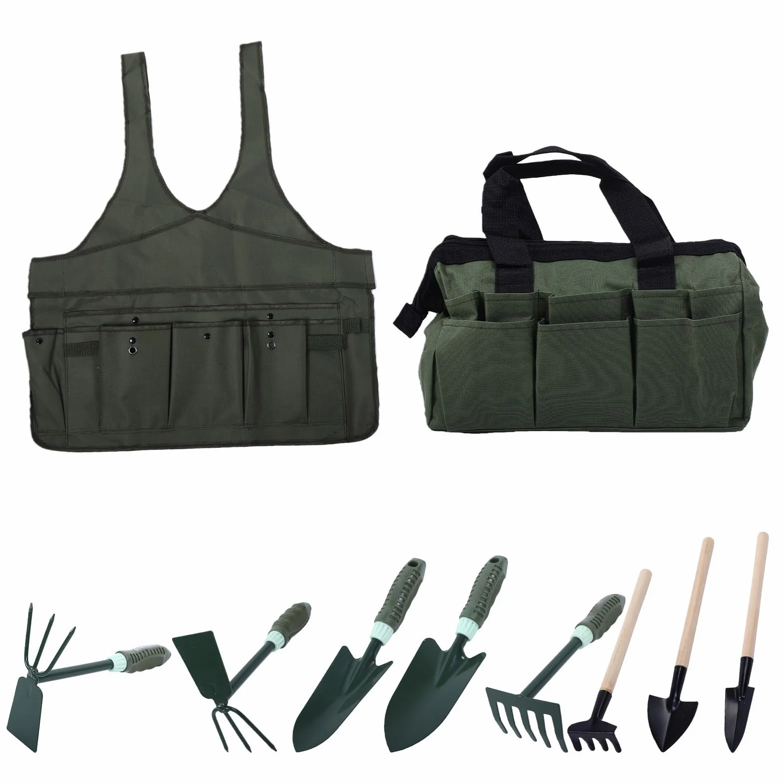 Eacam Juego de Herramientas de Jardinería 9 Piezas, Herramientas Jardín Ergonómicas, Madera, con Bolsa Tela Oxford, para Plantar, Desmalezar, Exc
