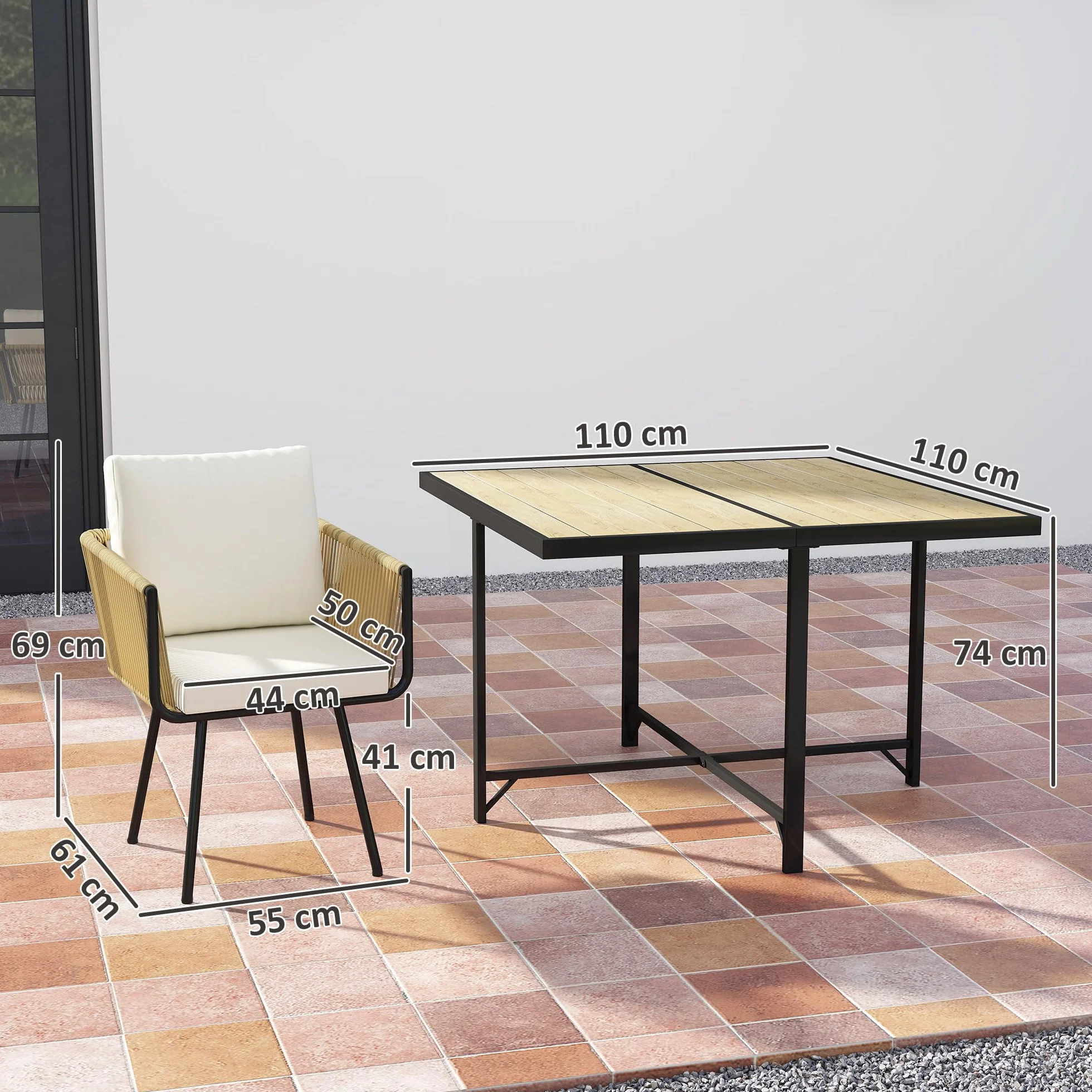 Outsunny Conjunto de Mesa y Sillas Jardín de Ratán de 5 Piezas, Muebles Jardín Exterior con Mesa de Plástico-Madera y 4 Sillas con Cojines Extraíbles, Marco de Metal Resistente para Terraza, Beige