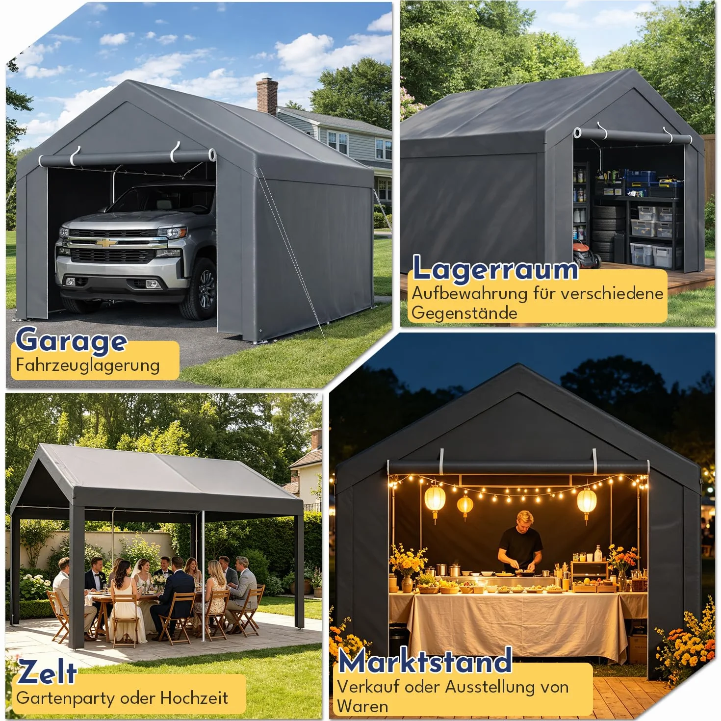 Carport 3x4 m impermeable con lona PE, 2 paredes laterales, protección UV para coche SUV barco