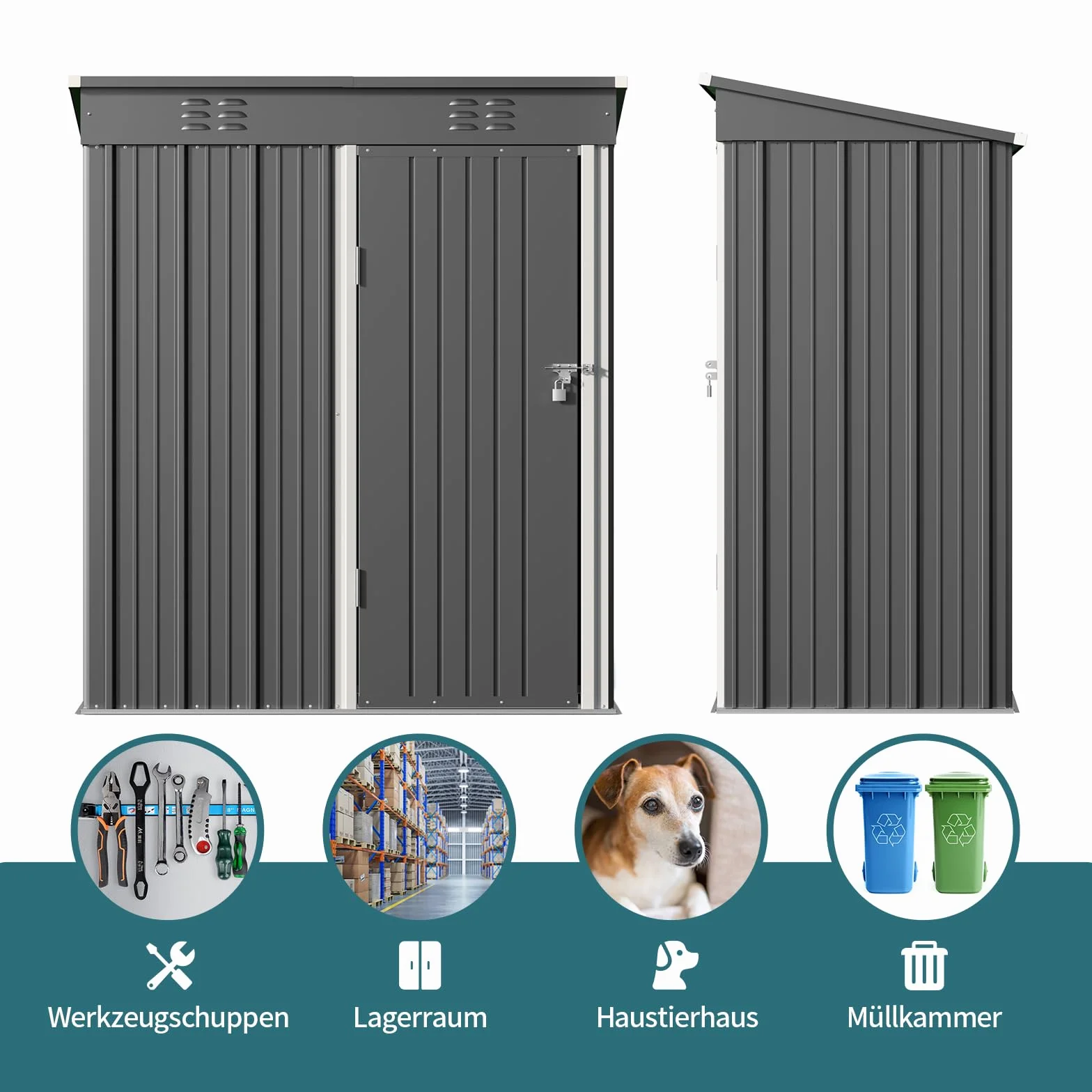 Bealife Caseta Jardín Exterior Metálico Almacenaje Puerta Corrediza 180x162x95cm Gris
