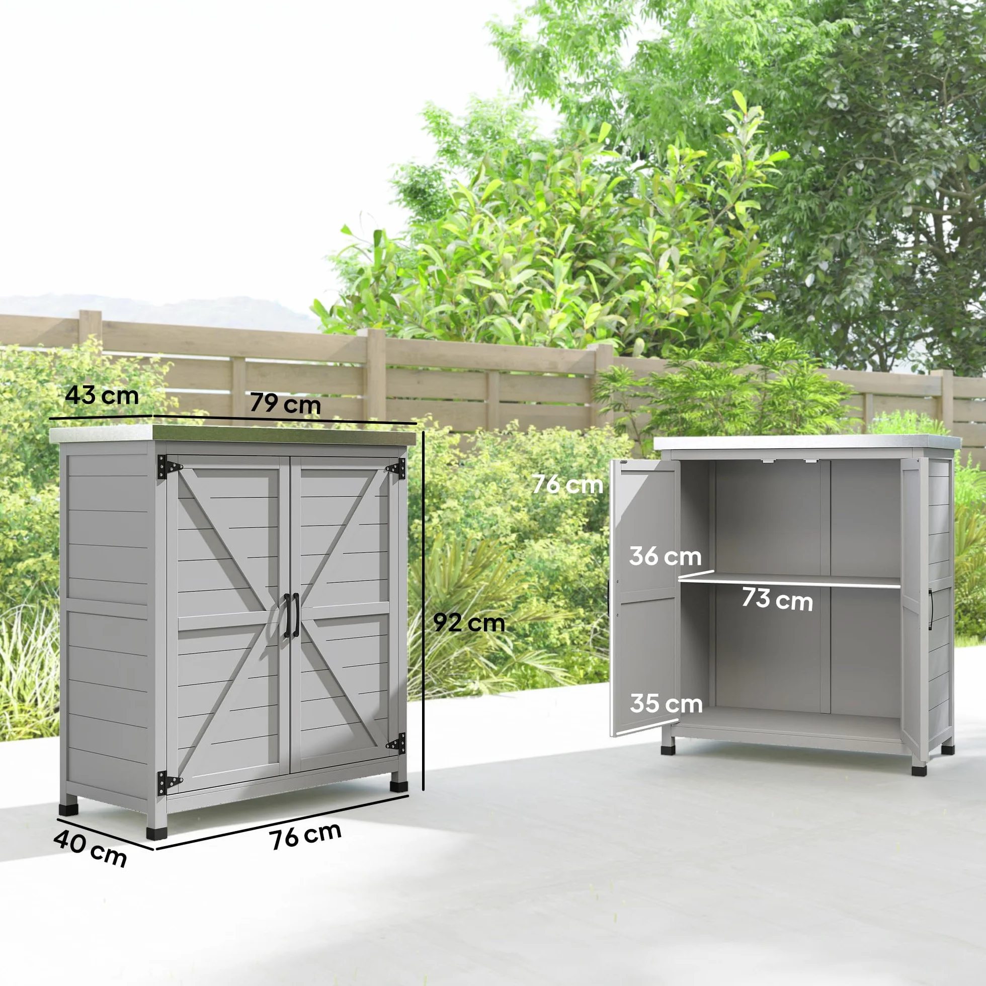 Outsunny Armario Exterior Madera Caseta Jardín Techo Acero Galvanizado 2 Puertas Almacenamiento Herramientas 79x43x92 cm Gris