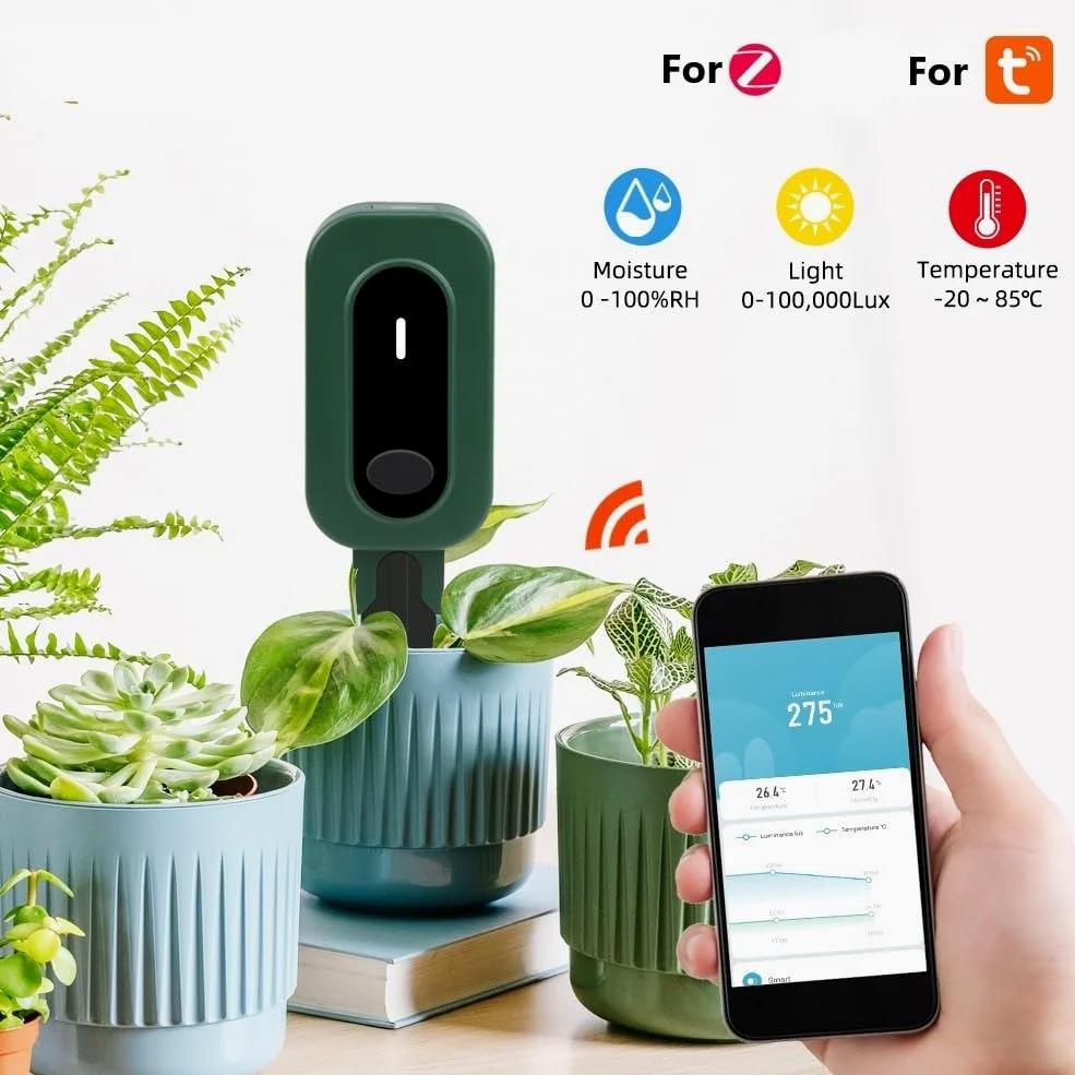 HpLive Para Tuya WiFi 3 en 1 sensor de humedad del suelo, detector de temperatura y humedad, 0-100,000 lux, intensidad de luz