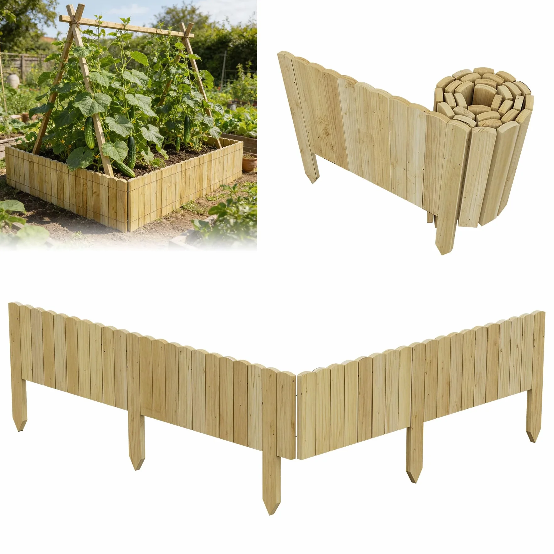 ACXIN Valla de madera enrollable de 200 cm de largo, 30 cm de alto, madera de pino, cercado para arriates y arriates, para jardín, valla de estacas, borde de césped para macizos de flores, zonas de