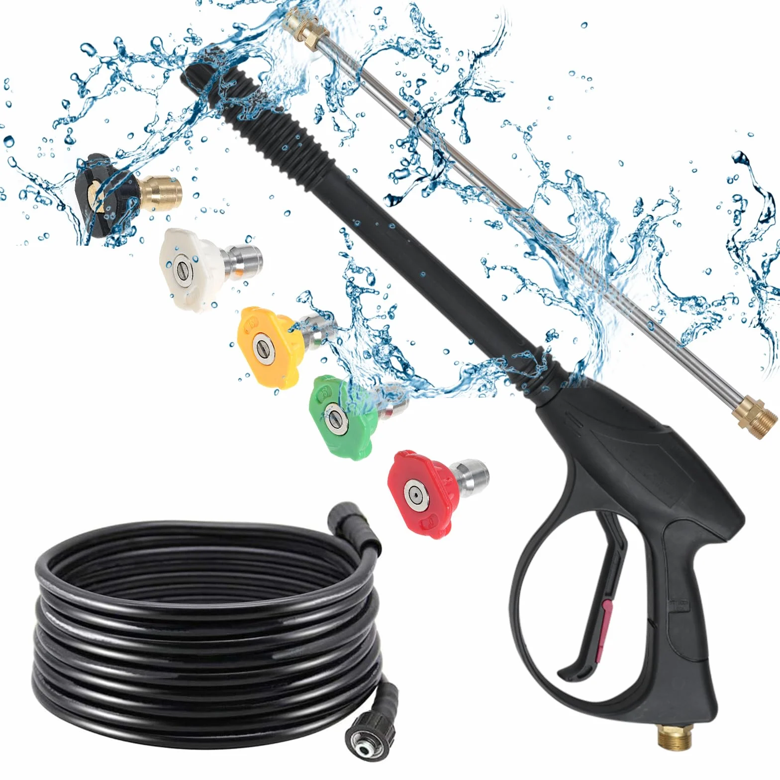 Shkalacar Pistola de alta presión de 5800 PSI (máx. 40 MPa), pistola de alta presión con juego de manguera M22 de 66 cm/26 pulgadas, conexión rápida de 1/4 pulgadas, 5 puntas de boquilla de colores