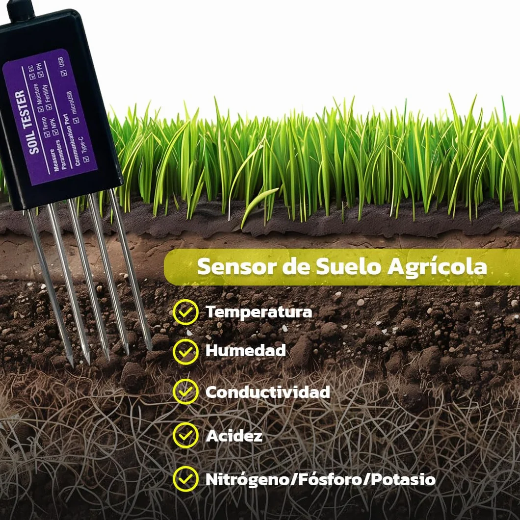 Sensor de Suelo Agrícola, Medición Temperatura/Humedad/Conductividad/Acidez/Nitrógeno/Fósforo/Potasio Tiempo Real