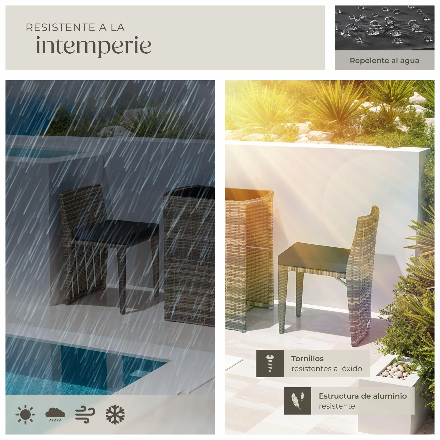Tectake Conjunto Jardín Exterior Ratán Aluminio 2 Sillas Cojines Mesa Cristal Natural