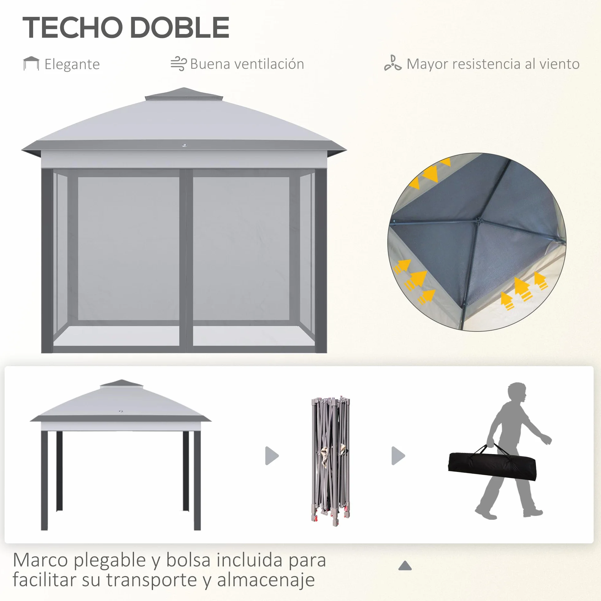 Outsunny Carpa Plegable 3,3x3,3 m Cenador de Jardín con Altura Ajustable en 3 Niveles Doble Techo 4 Mosquiteras Extraíbles y Bolsa de Transporte Impermeable Anti-UV Gazebo para Exterior Fiestas Gris