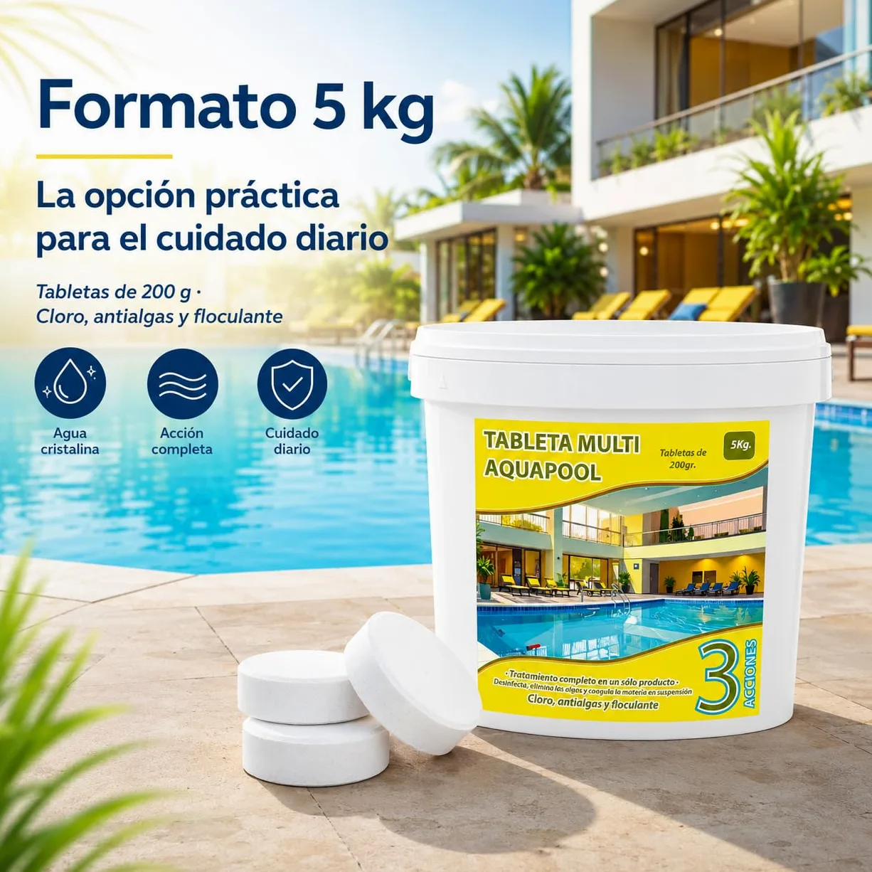 Pastillas de Cloro multifunción 200 Gramos 3 acciones 5 KG - Apto para Liner no Contiene Cobre