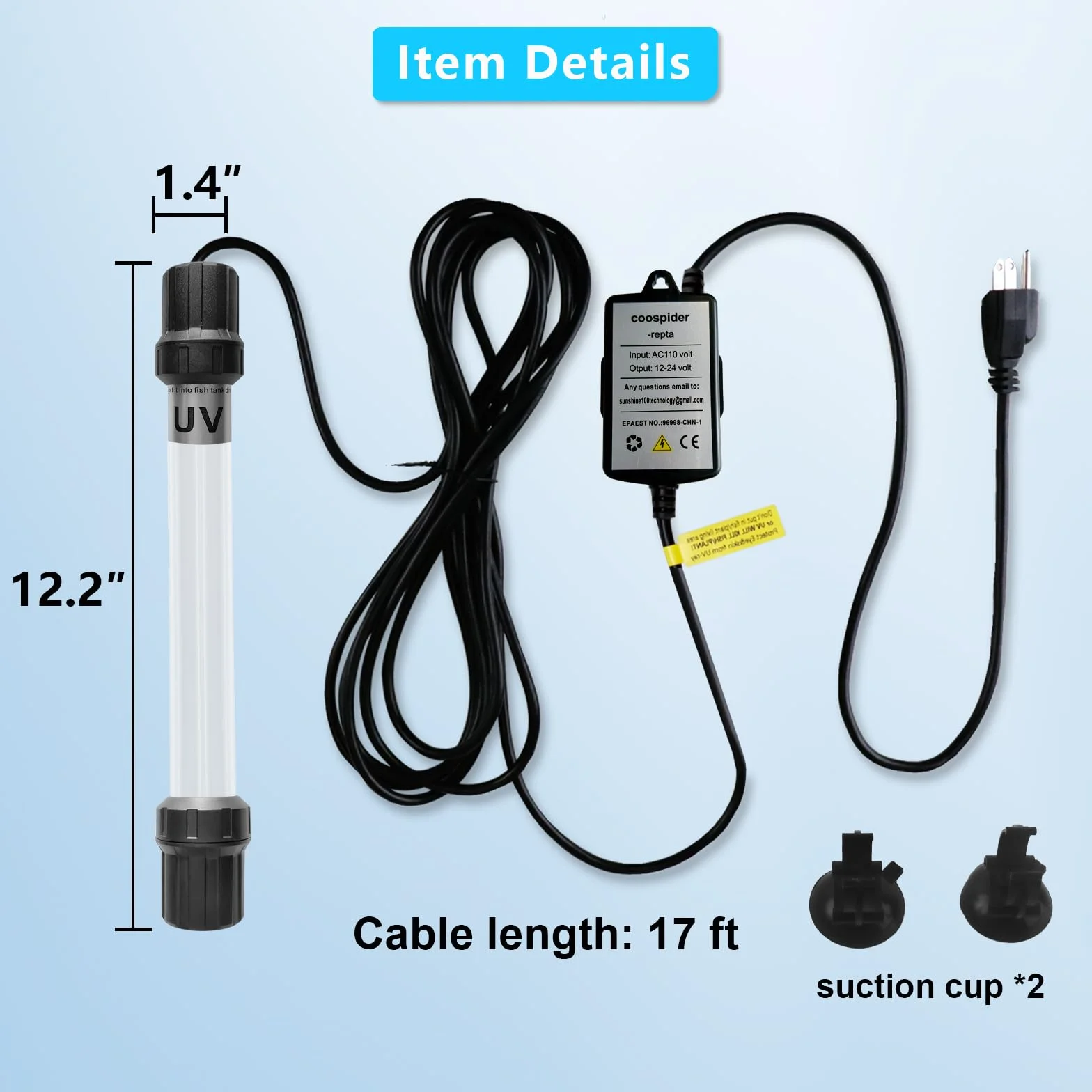 Coospider Luz UV Acuario 18W Clarificador Agua 100-1000 Galones Estanque Koi Piscina