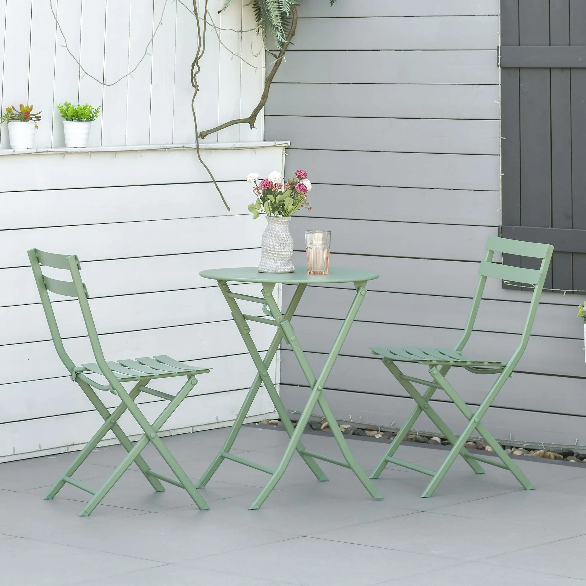 Outsunny Conjunto de Muebles de Jardín Plegable 1 Mesa Redonda y 2 Sillas con Marco de Acero Verde Oscuro