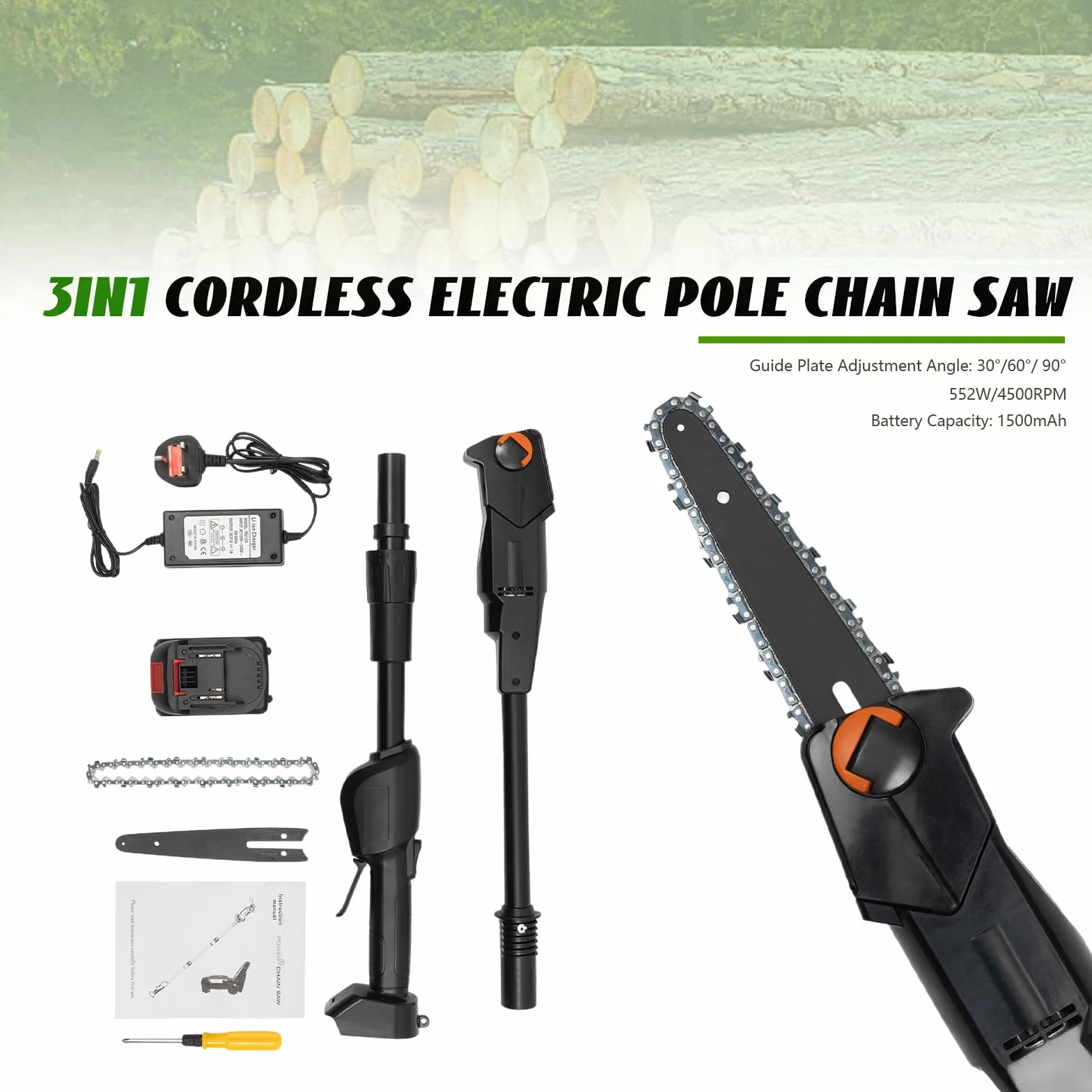 Batería podadora de hasta 1,25 m, 552 W, motor sin escobillas, 4500 rpm, 1200 m/min, sierra de podar profesional con batería de litio de 1500 mAh para cortar y podar ramas