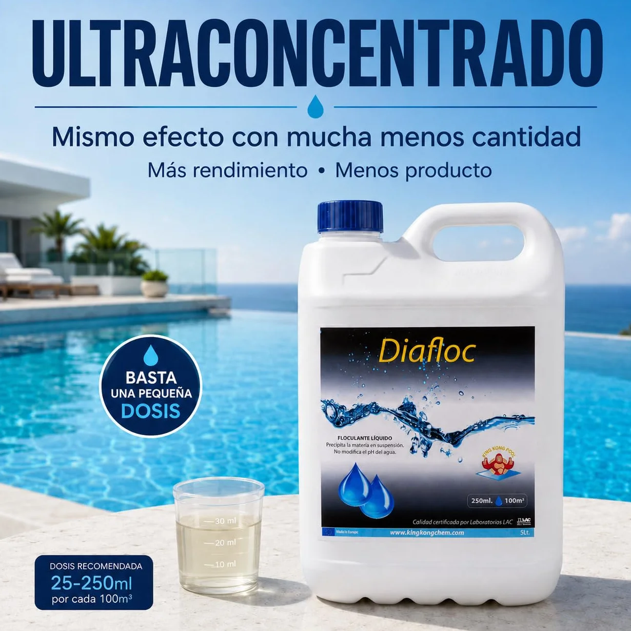 DIASA INDUSTRIAL Floculante líquido para Piscinas SUPERCONCENTRADO - DIAFLOC - clarifica el Agua turbia - 5 litros
