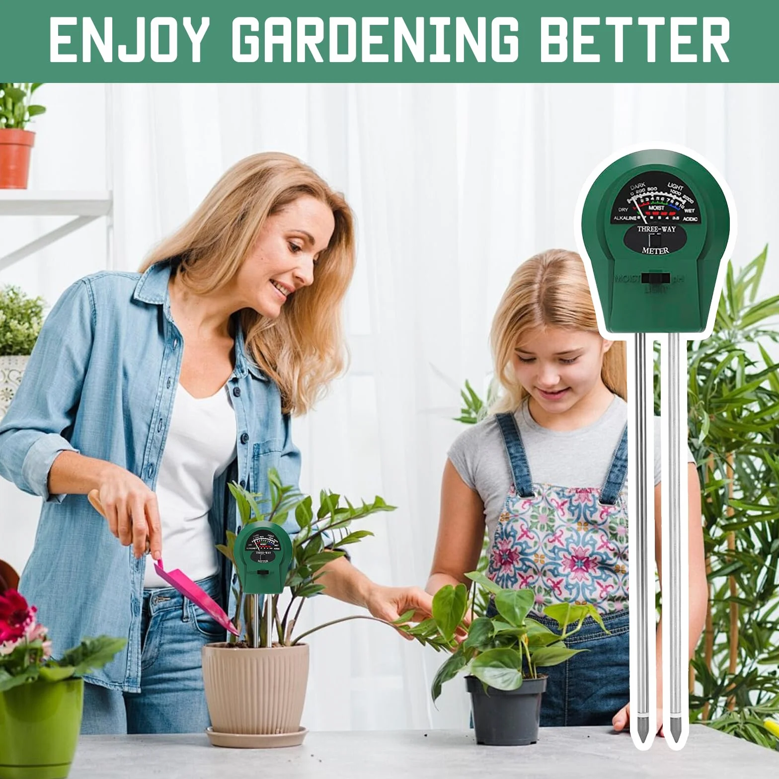 Medidor PH Tierra y Humedad Plantas, 3-en-1 Analizador de Suelo para Jardín, Sensor Verde Riego con Medición Fertilidad