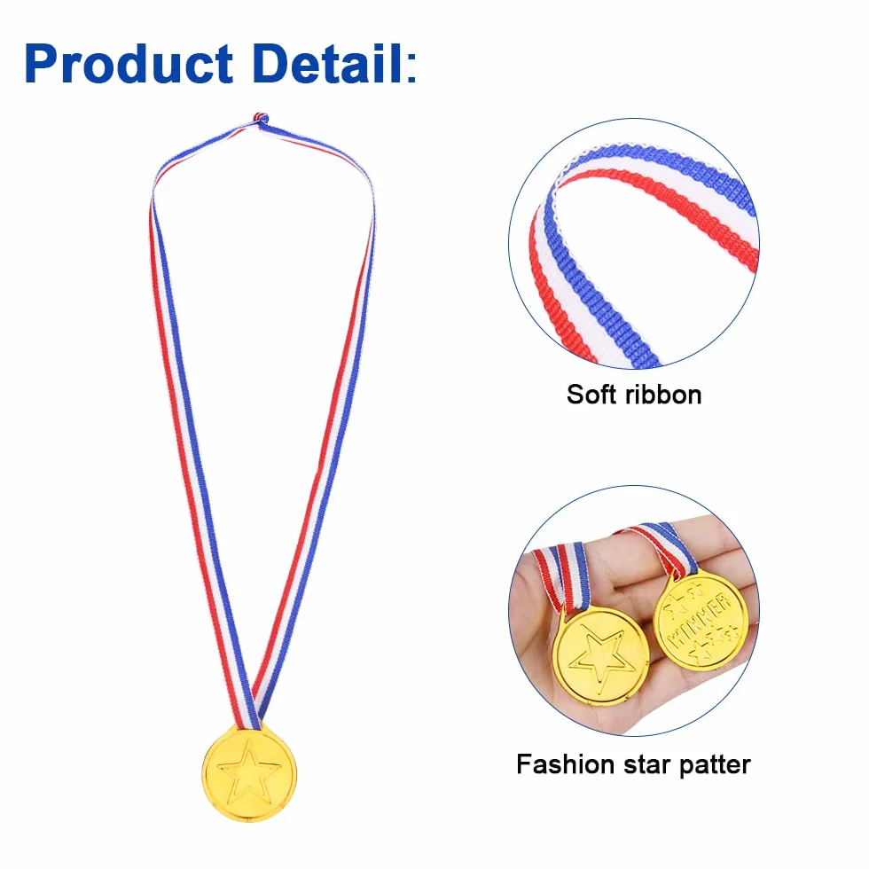 flintronic Medallas de Ganador de Oro 28PCS Plástico Dorado para Niños con Cintas