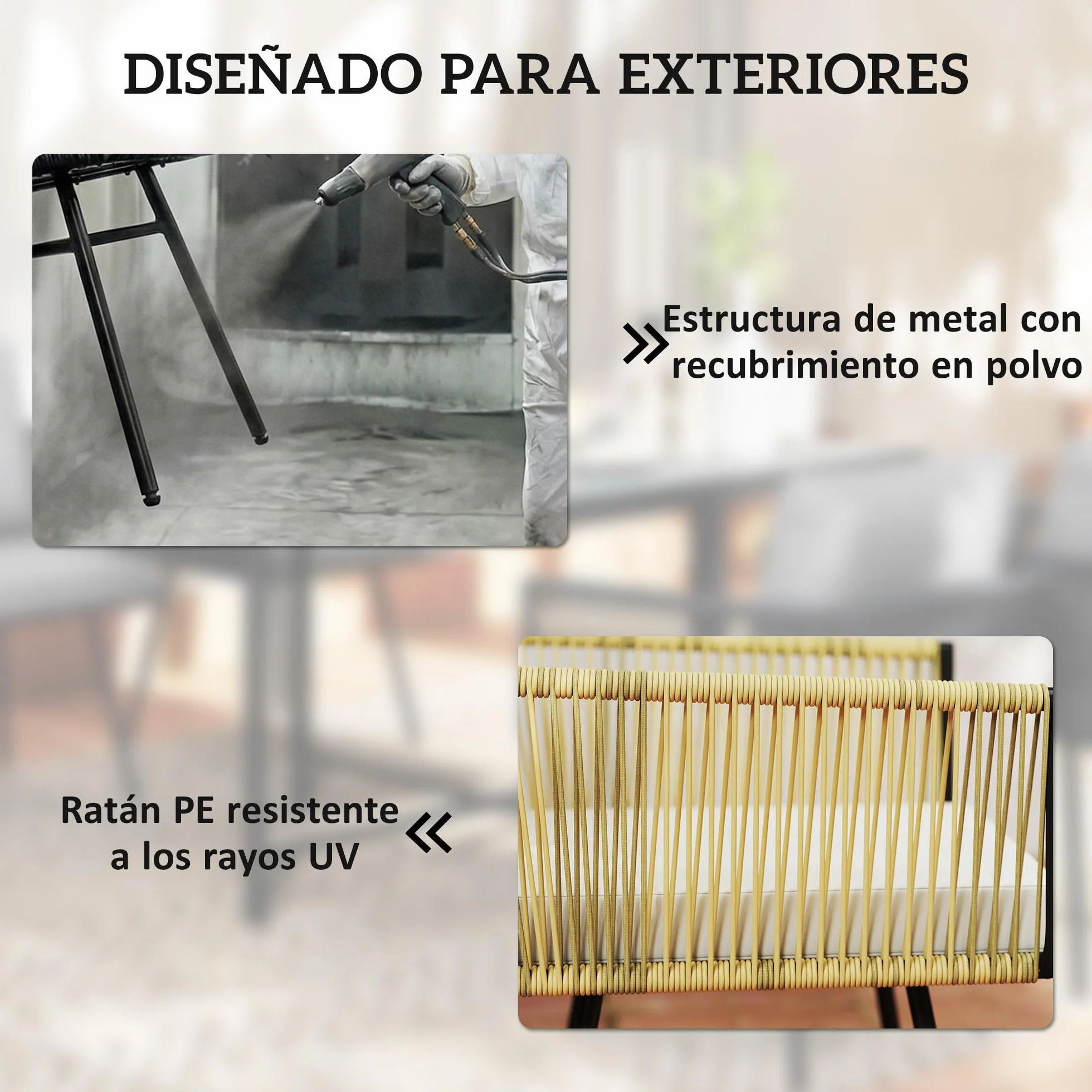 Outsunny Conjunto de Mesa y Sillas Jardín de Ratán de 5 Piezas, Muebles Jardín Exterior con Mesa de Plástico-Madera y 4 Sillas con Cojines Extraíbles, Marco de Metal Resistente para Terraza, Beige