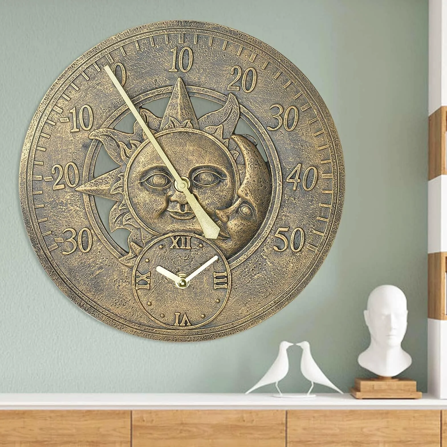 Termómetro de jardín analógico de pared bronce sol y luna 30 cm vintage resistente intemperie estación meteorológica