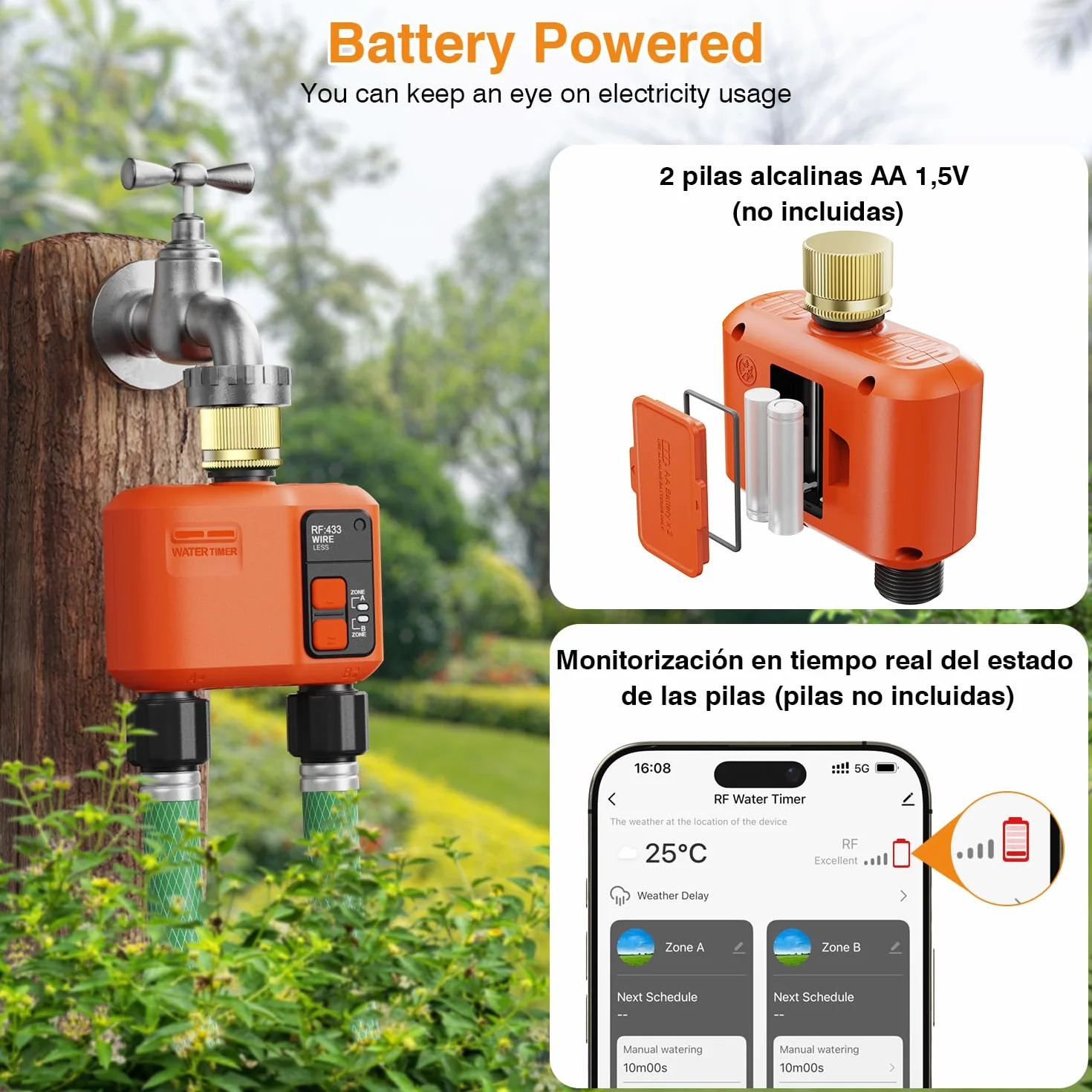 Programador de Riego WiFi 2 Salidas 300 Metros RF Entrada de Latón Retardo Lluvia Temporizador Automático Jardín Compatible Alexa Smart Life