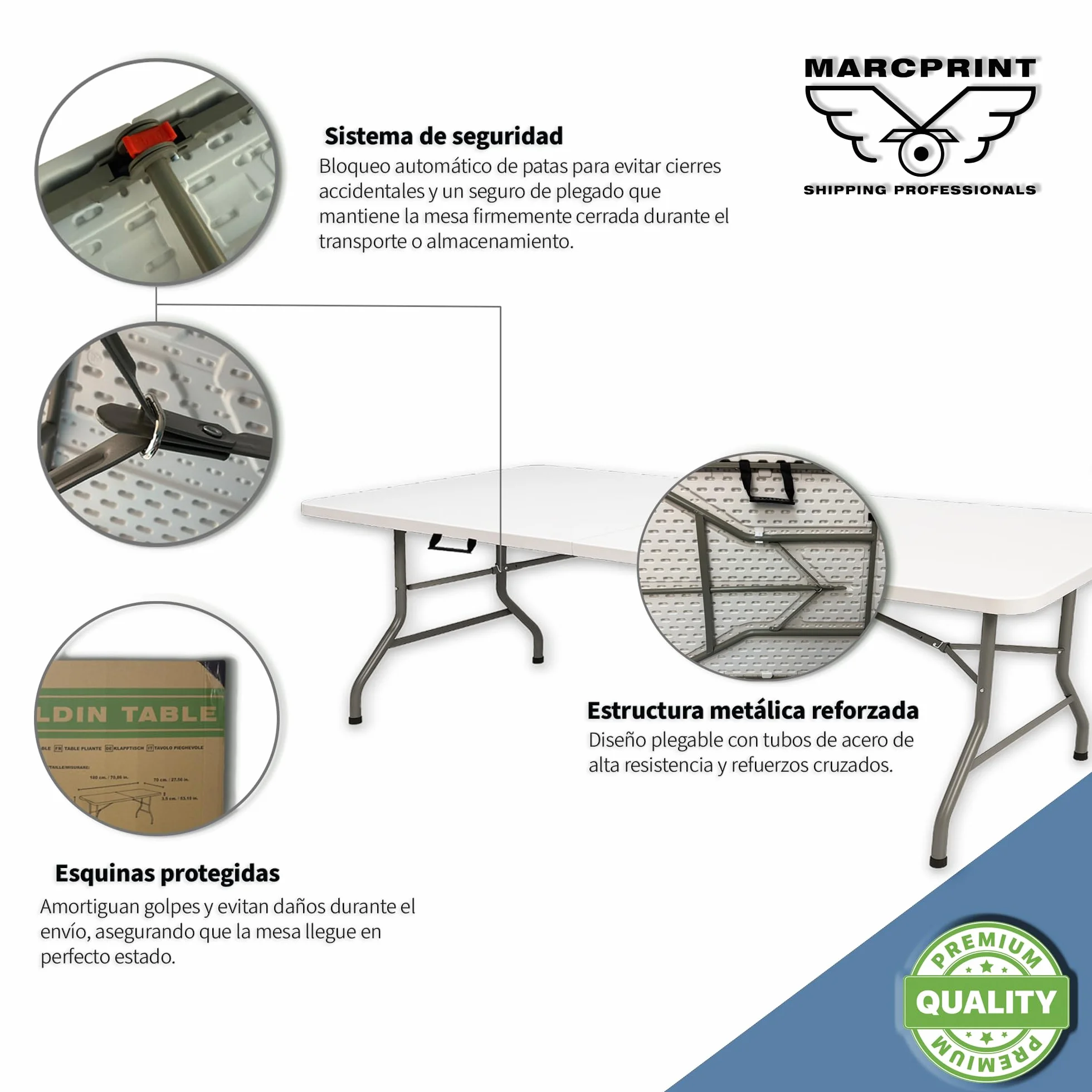 Mesa Plegable 180 x 70 cm Acero HDPE Blanco 150 kg para Camping Eventos Comedor