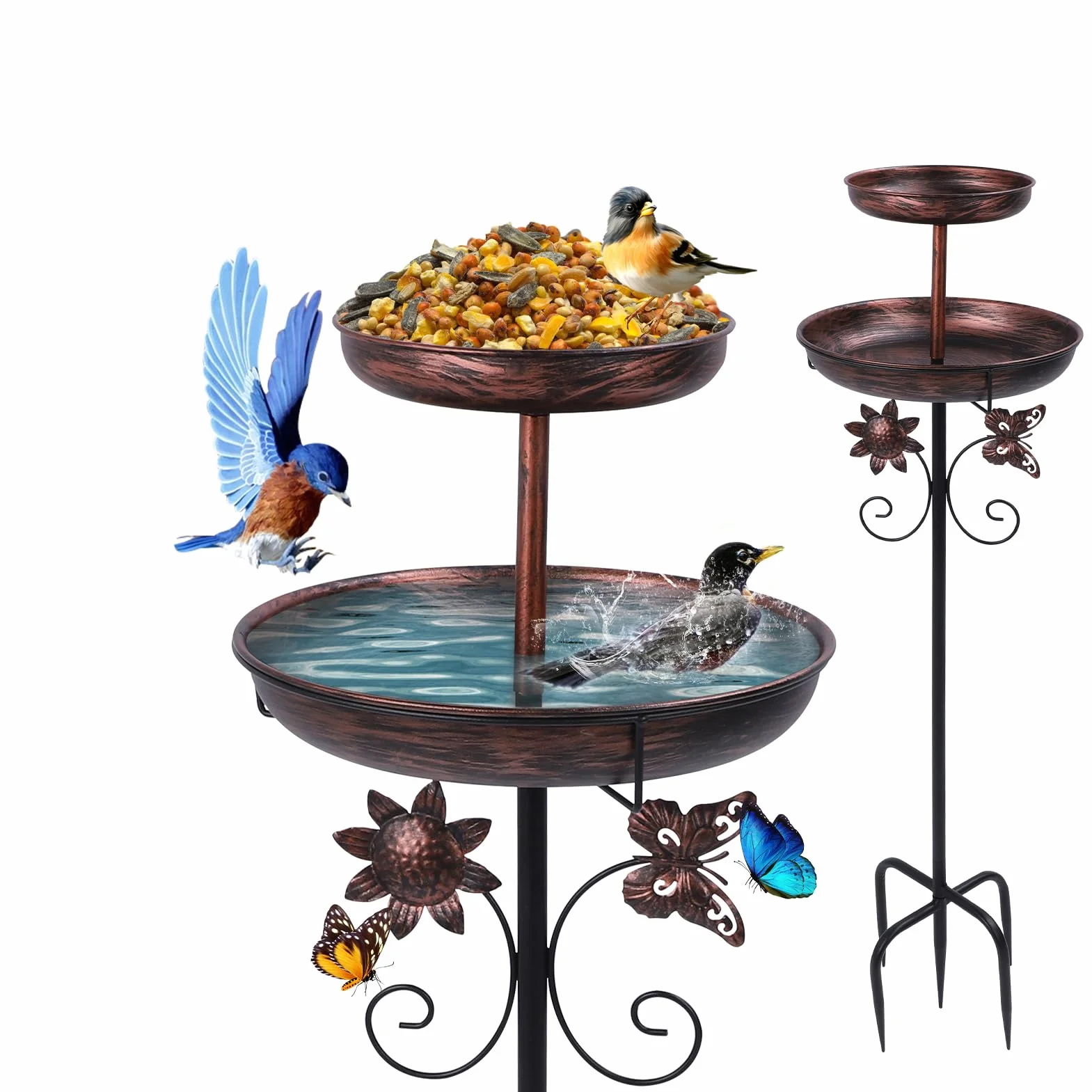 Comedero y Bebedero para Pájaros Exterior 106cm Doble Función Base 5 Puntas Cuenco Metálico Extraíble Antihielo