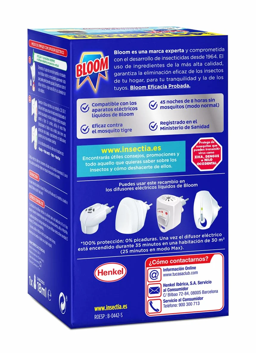 Bloom Líquido Recambio Pack 4 Insecticida Eléctrico Antimosquitos Mosquitos Común Tigre Fórmula Concentrada Sin Perfume