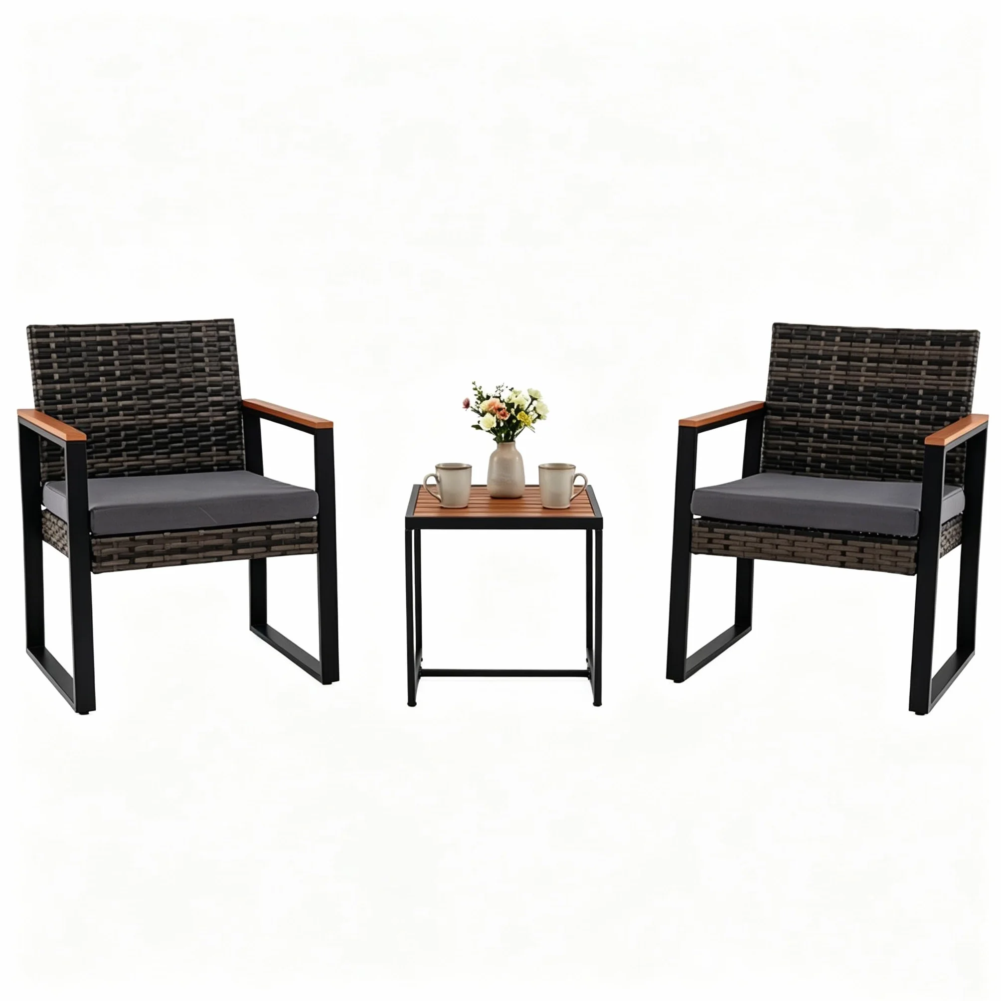 LIFEZEAL Set de 3 Piezas Muebles de Ratán PE, Mesa y Sillas Exterior, Cojines y Patas Ajustables Gris