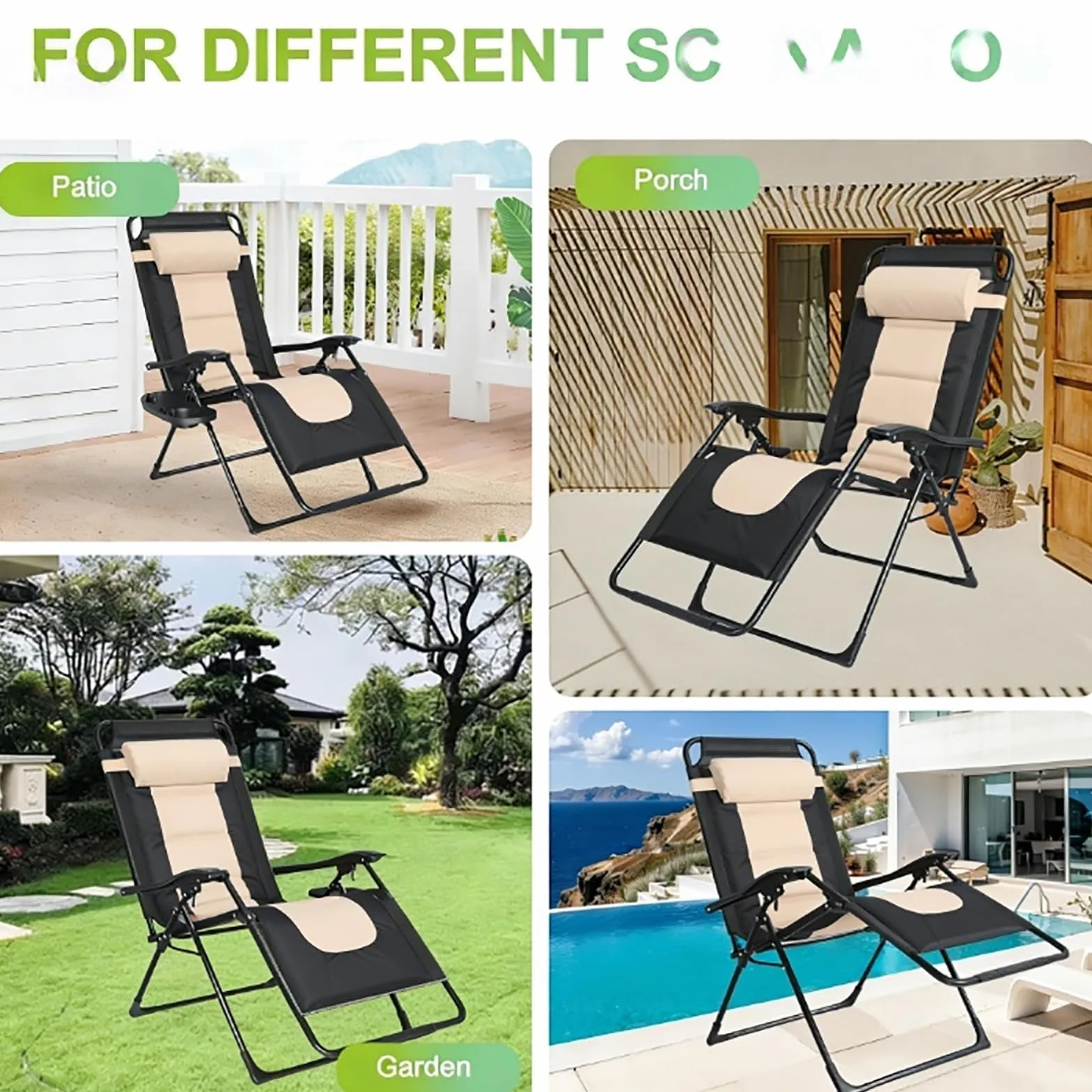 Silla Reclinable Plegable, Ajustable Silla de Gravedad Cero, Tumbonas Jardin Exteriorcon Reposacabezas y Almohadilla, para Jardín, Acero, Piscina, Terraza, Cómoda y Resistente, Carga de 150 kg