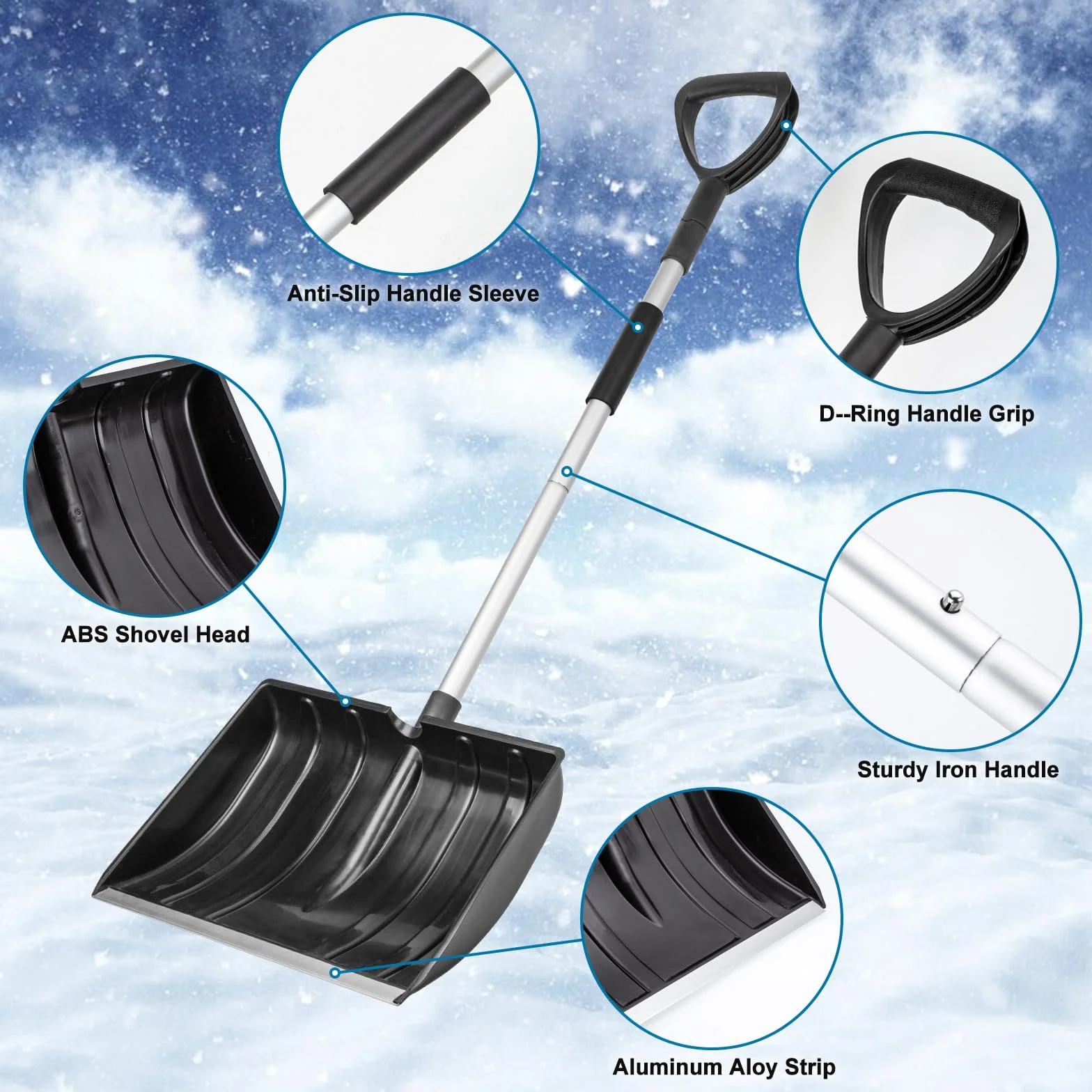 LESOLEIL Pala de nieve ajustable 42 cm mango en forma de D para jardín coche camping