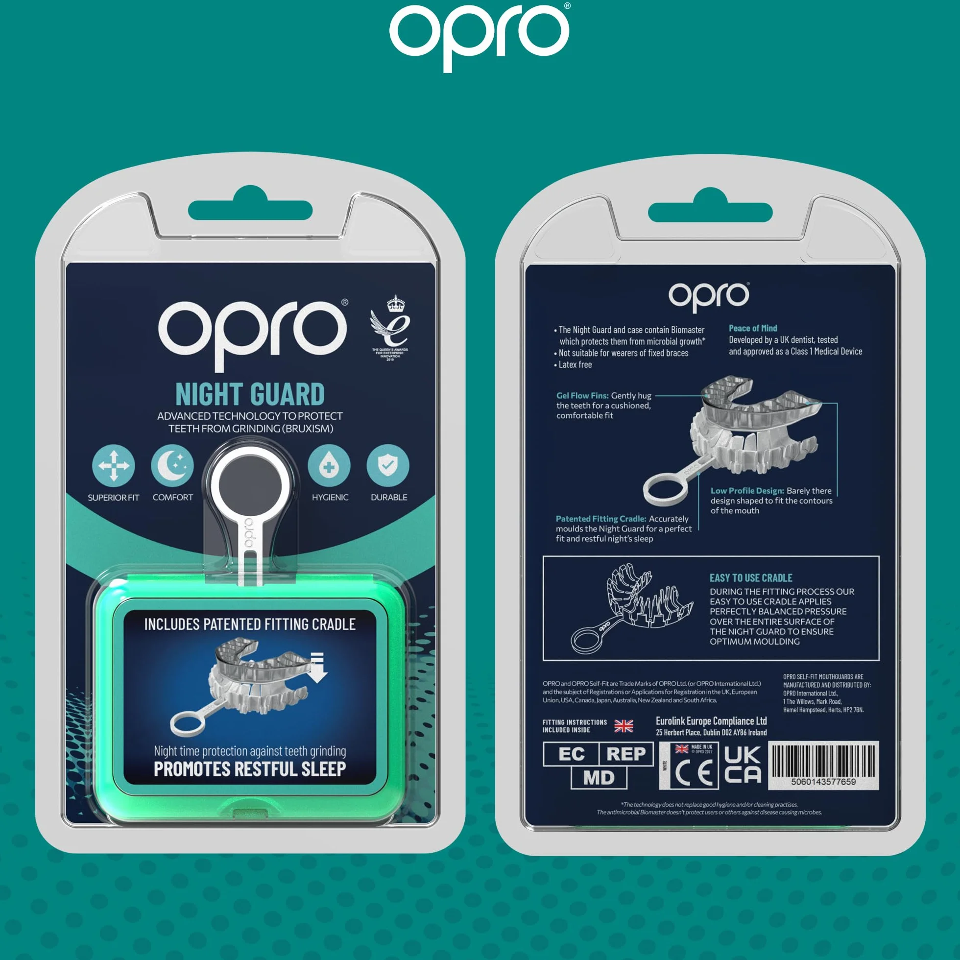 OPRO Protector nocturno para bruxismo, alivio ATM, ajuste entallado, estuche incluido