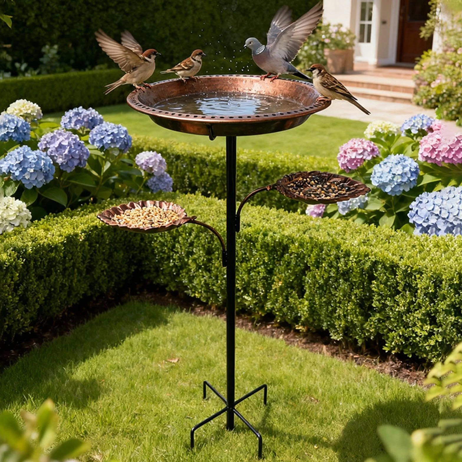 LOVIVER Bebedero para pájaros de Exterior, comedero metálico Resistente y Decorativo con estaca de 5 Puntas. Ideal para jardín, Patio o terraza.