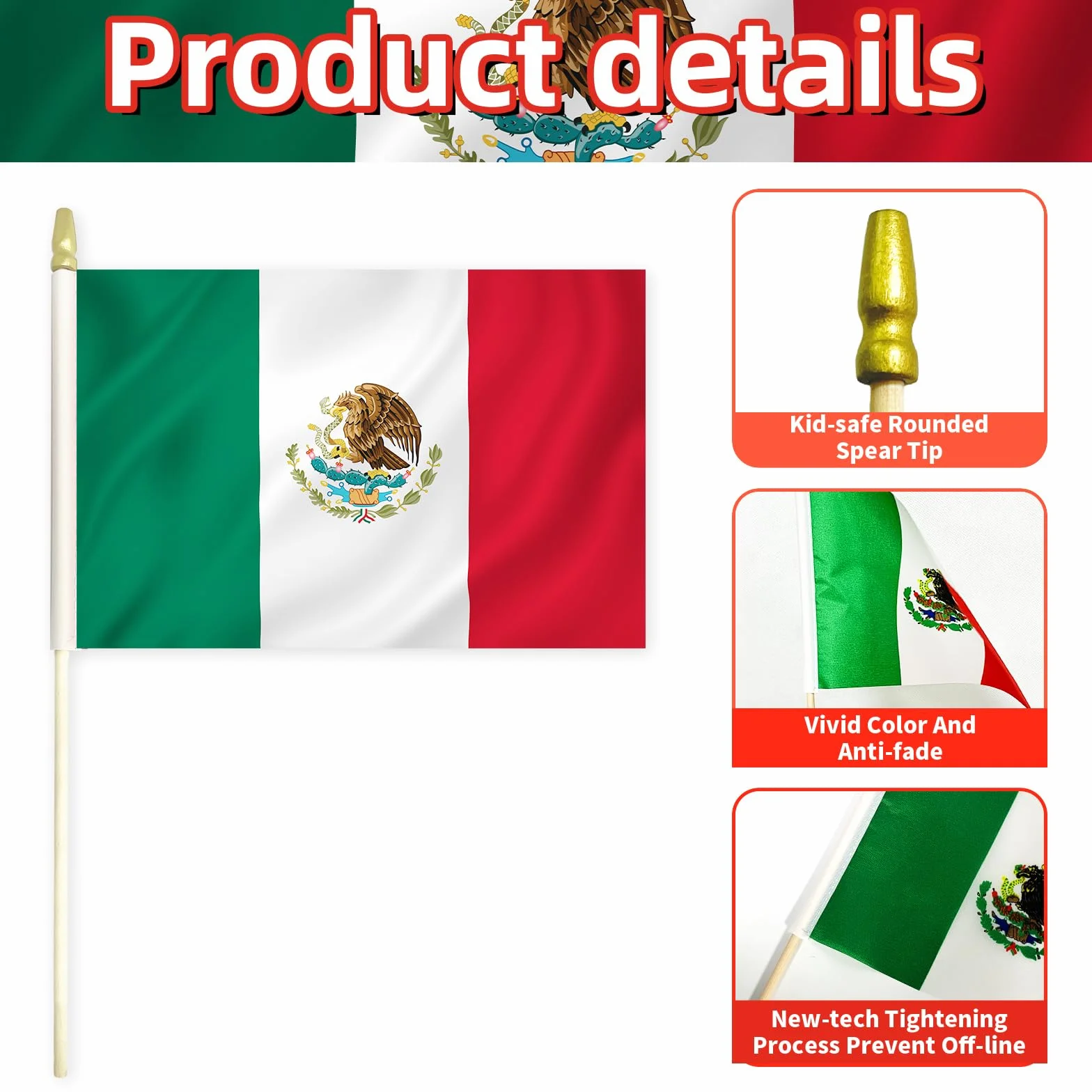 Paquete de 20 banderas mexicanas de mano de 5 x 8 pulgadas, pequeñas banderas de México en palos de madera con parte superior de lanza dorada, mini bandera mexicana para el Cinco de Mayo, Día de la
