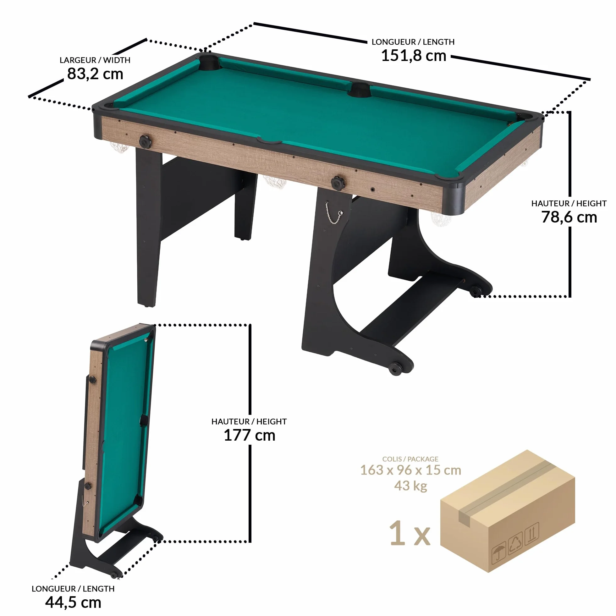 Billar Americano Plegable 151.8 x 83.2 x 78.6 cm Verde Inglés 2 Jugadores
