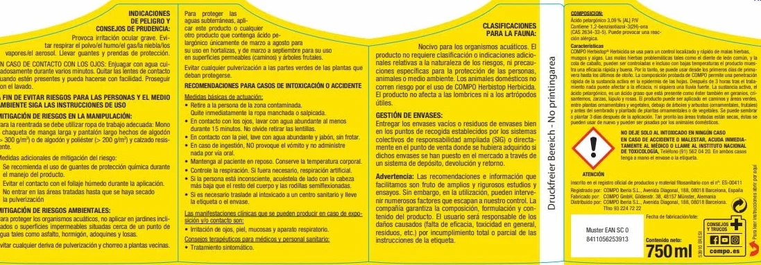 COMPO Herbistop Herbicida 750 ml Control de malas hierbas Antimusgo