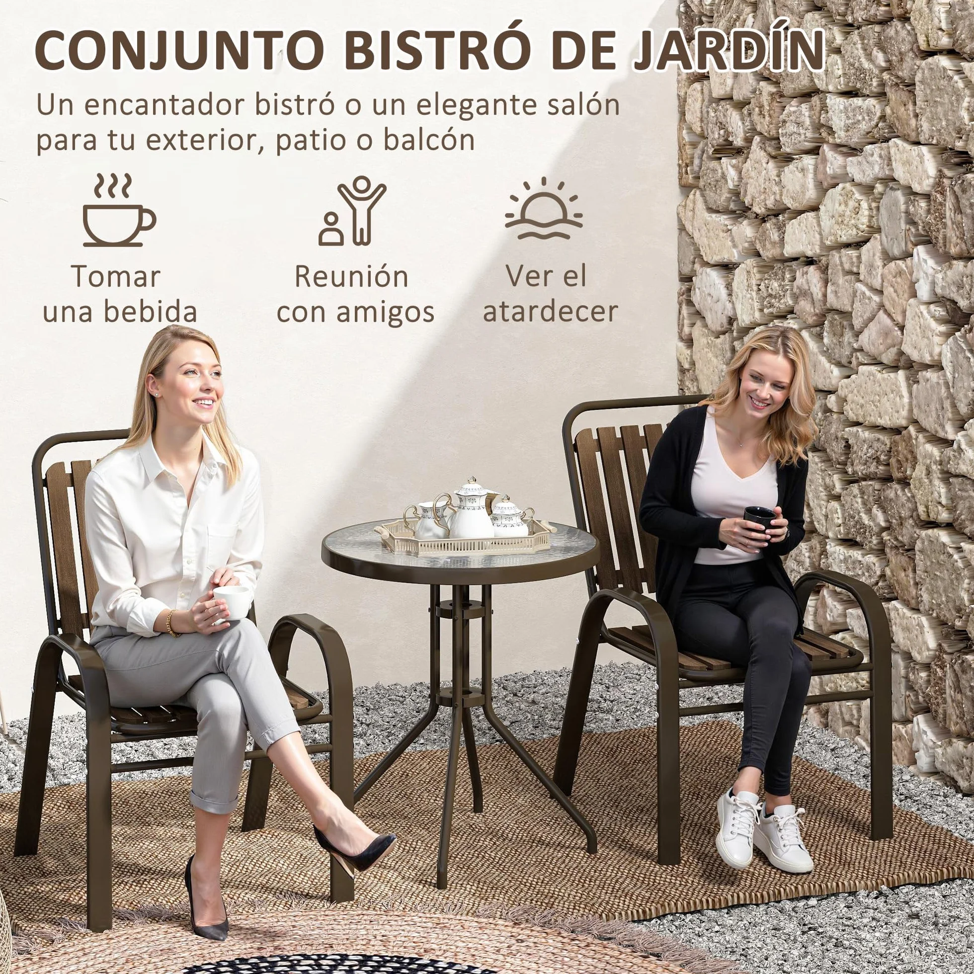 Outsunny Conjunto Jardín 3 Piezas Muebles Jardín Sillas Apilables Mesa Vidrio Templado Acero Terraza Patio Marrón Oscuro