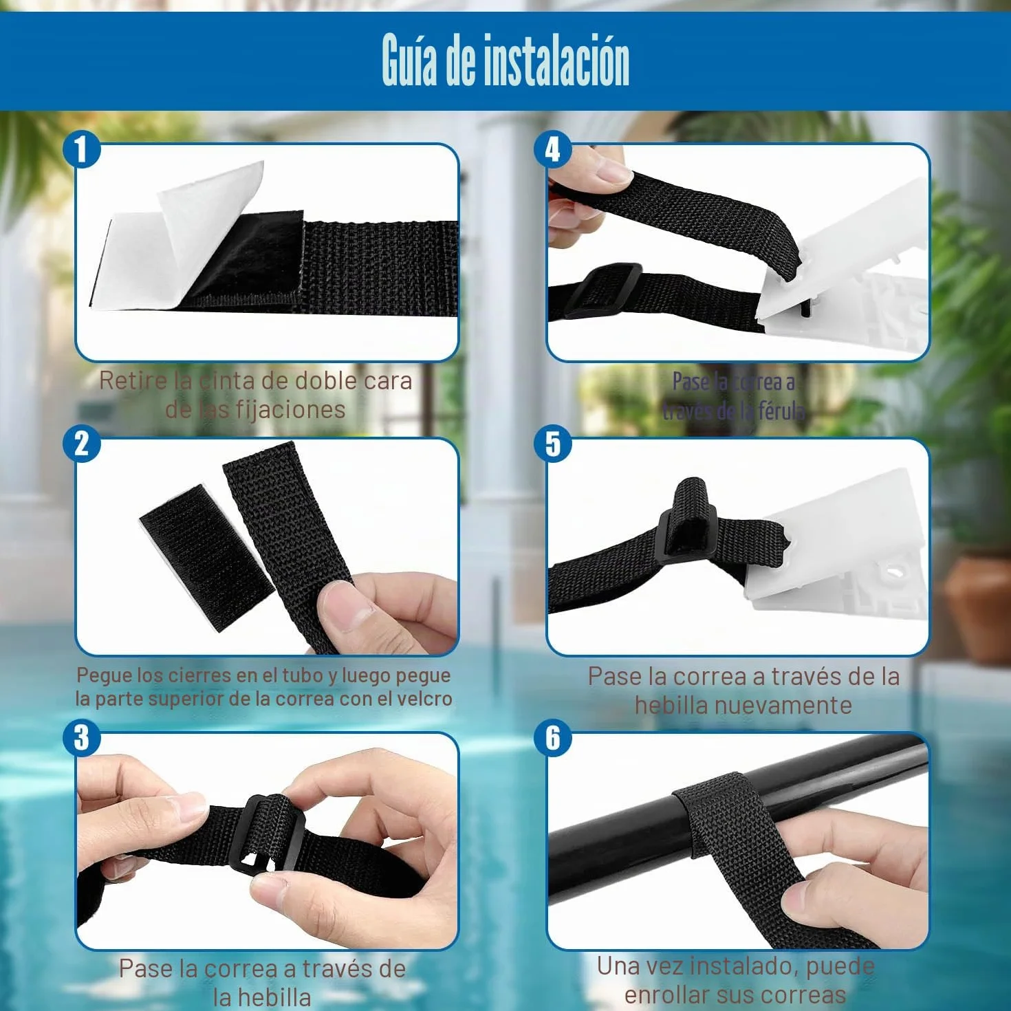 Kit De Fijación Para Carrete De Cubierta Solar 8 Piezas Con Correas Espiral Placas Hebillas