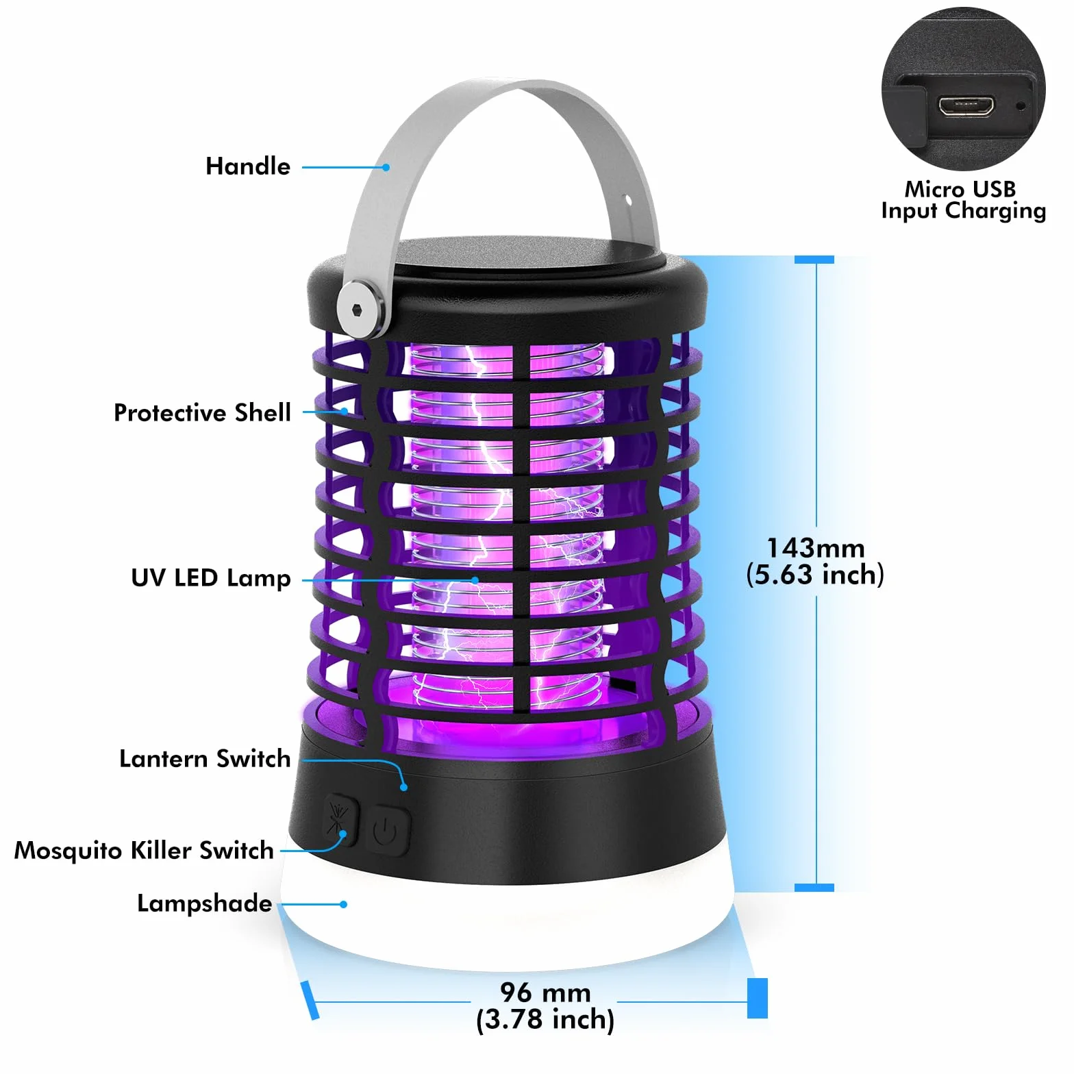 Lámpara Antimosquitos Exterior 2000V Mata Mosquitos Eléctrico IP66 Impermeable Recargable USB Tipo-C Batería 2200mAh LED 3 en 1 para Camping Jardín