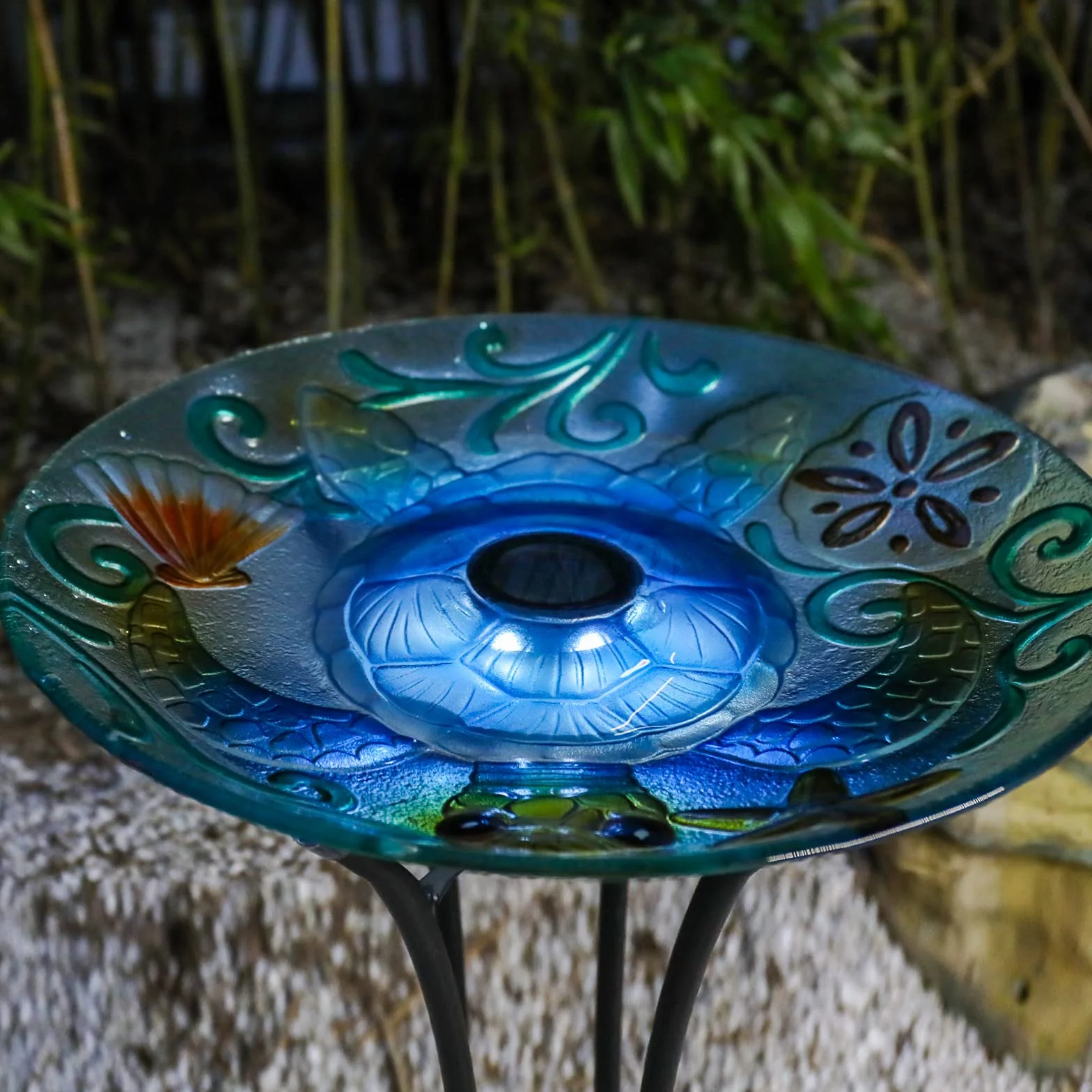 MUMTOP Glass Bird Bath, Bird Baths for Outdoors, Solar Birdfeeder with Metal Stand for Garden, Yard, Lawn Decor Sea Turtle Pattern(Blue, 21.5"X18")
