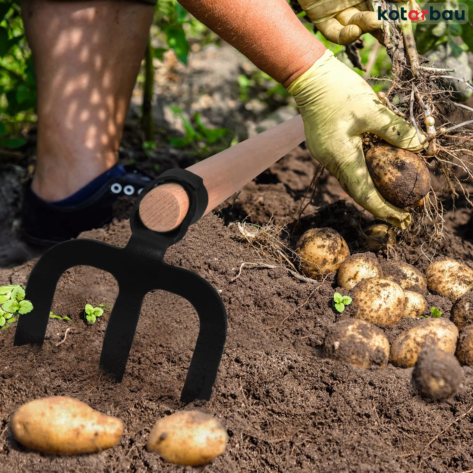 KOTARBAU Horca para cavar de 3 Dientes, Pala cosechadora de Patatas, Mango de Madera 110 cm