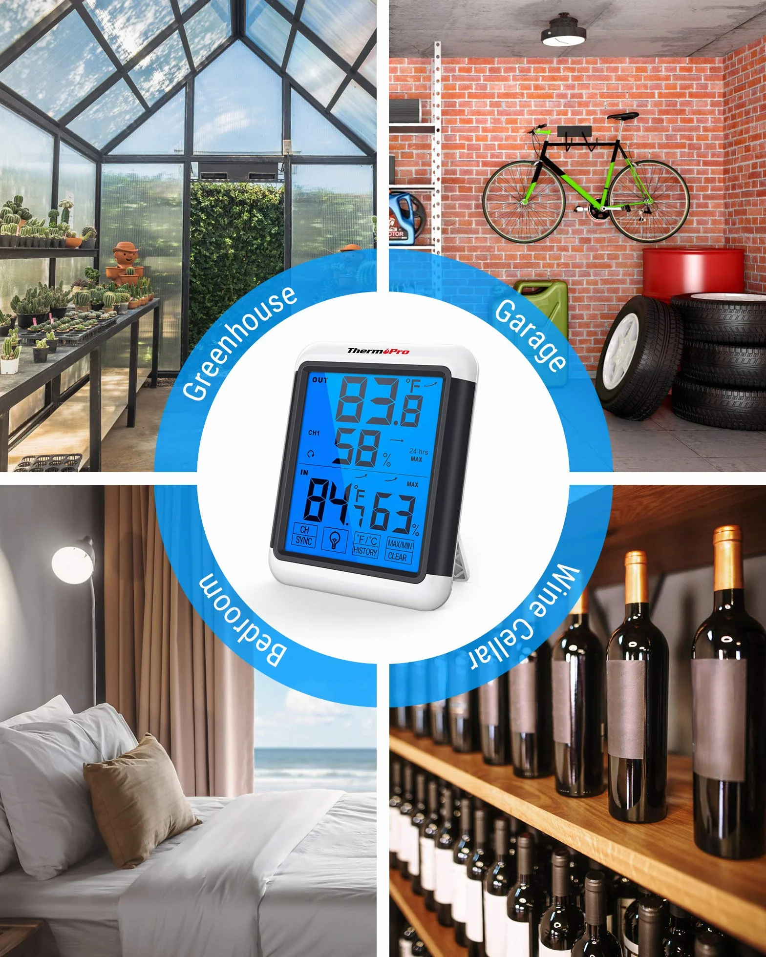 ThermoPro TP65 Termómetro Higrómetro Digital Interior Exterior Inalámbrico Pantalla Táctil Retroiluminación