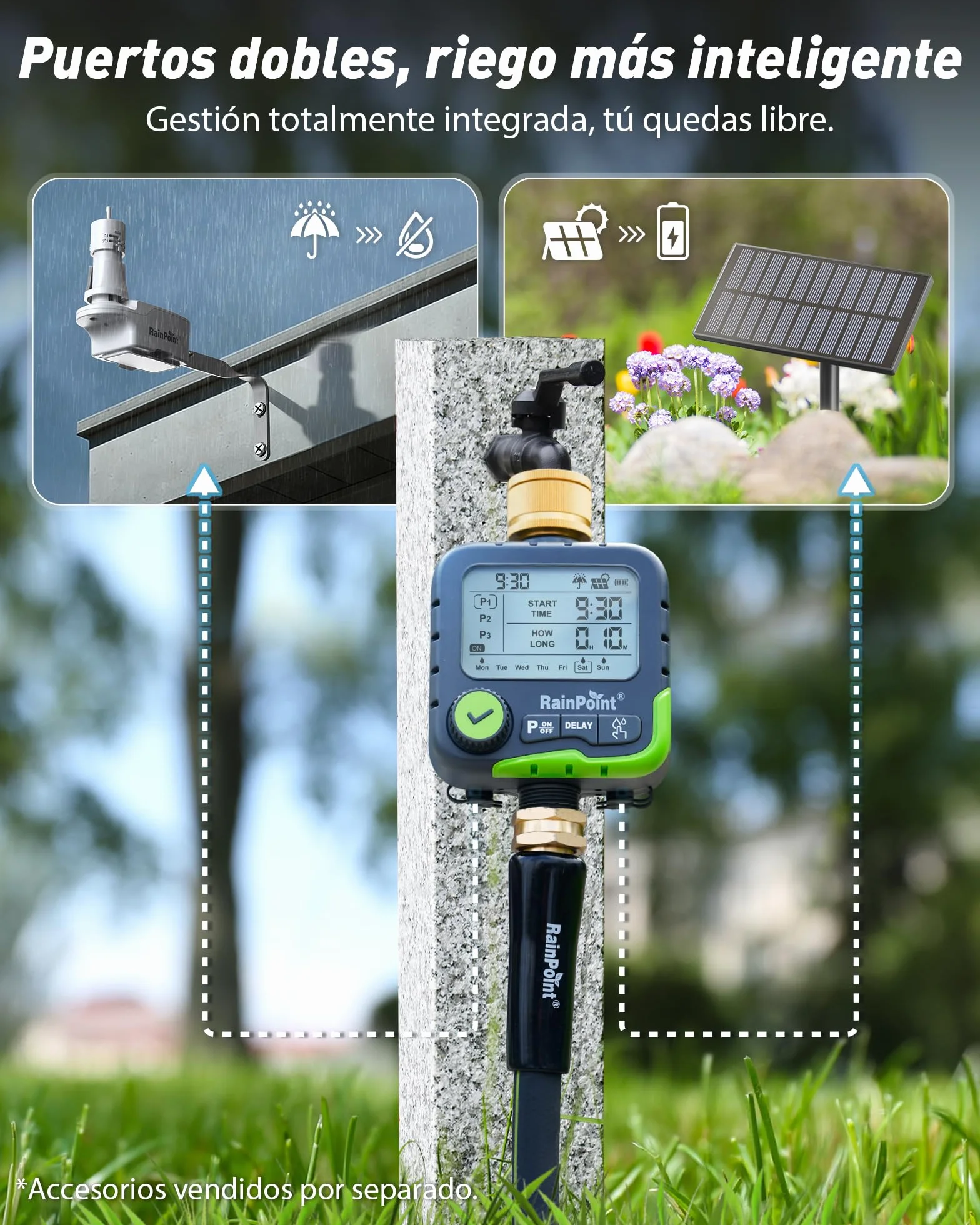 RAINPOINT Ordenador de riego IP65 Resistente al Agua con 3 Planes de riego y Doble conexión para Sensor de Lluvia y Panel Solar