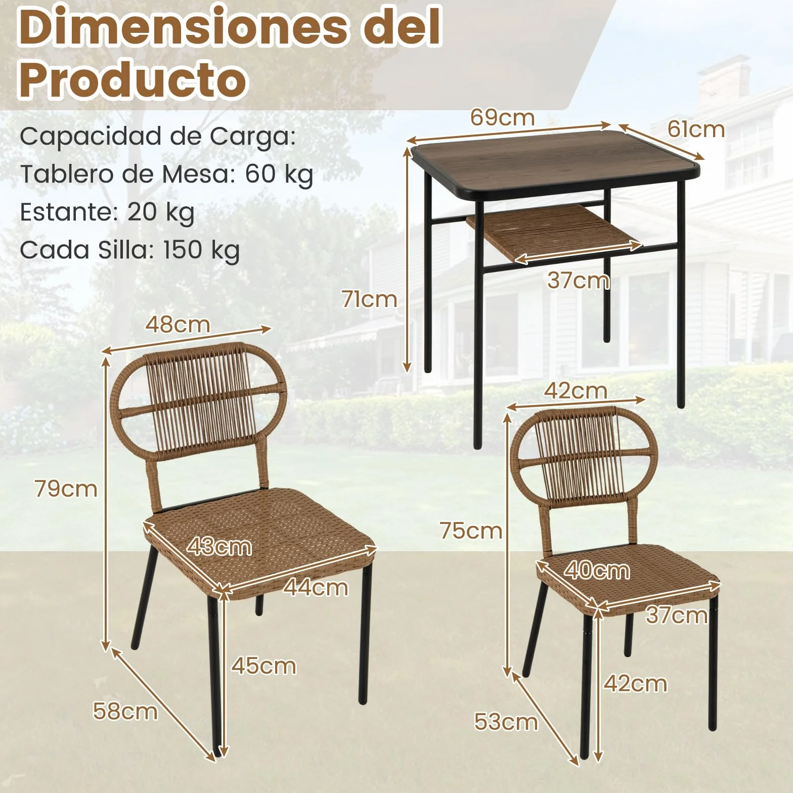 COSTWAY Conjunto Jardin Exterior de 3 Piezas, 2 Sillas de Ratán Apilables y Mesa de Comedor con Estante, Mesa y Sillas Jardin Terraza Balcon Interior Exterior