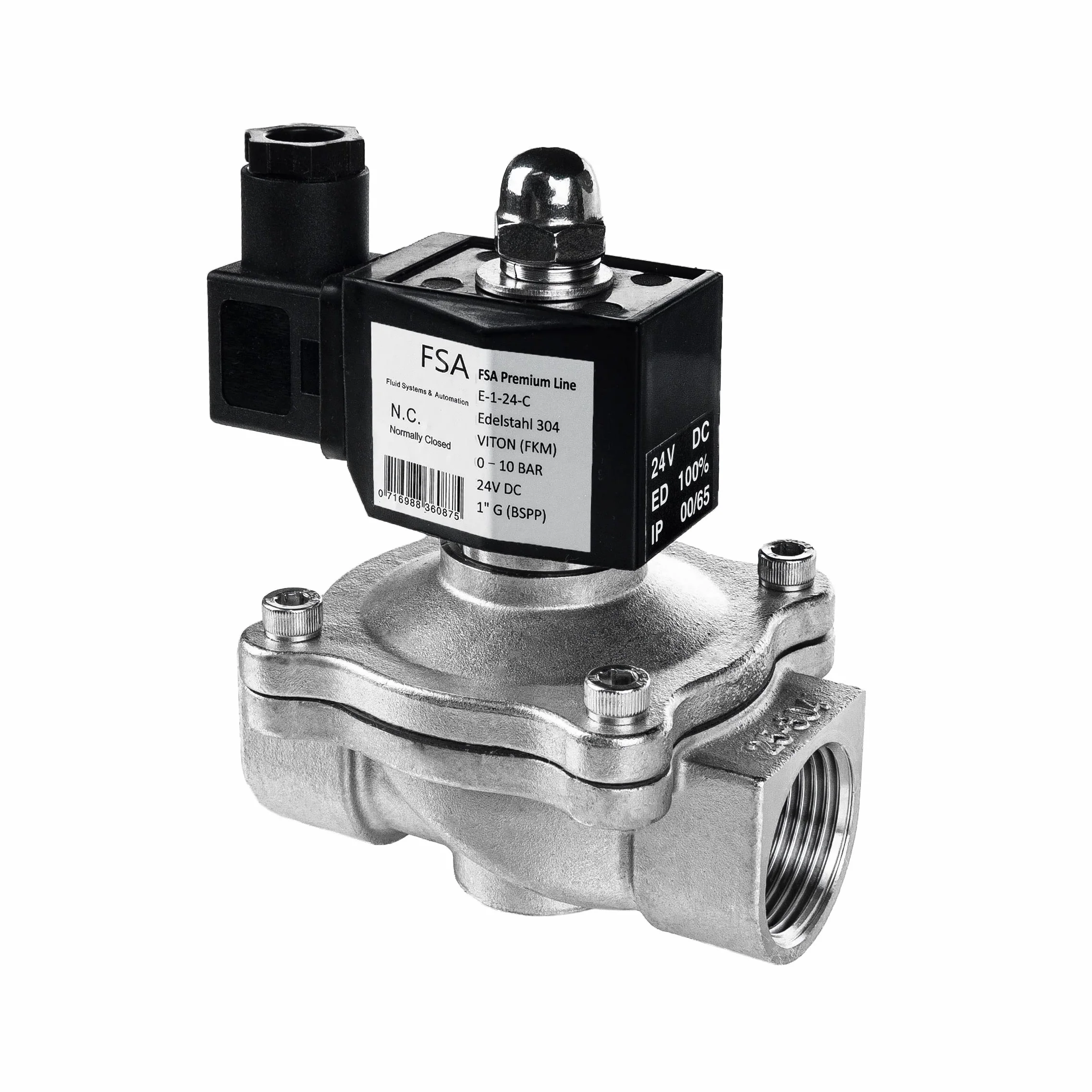 FSA Válvula Magnética de Acero Inoxidable 304 1" 24V DC 0-10 bar Viton cerrada