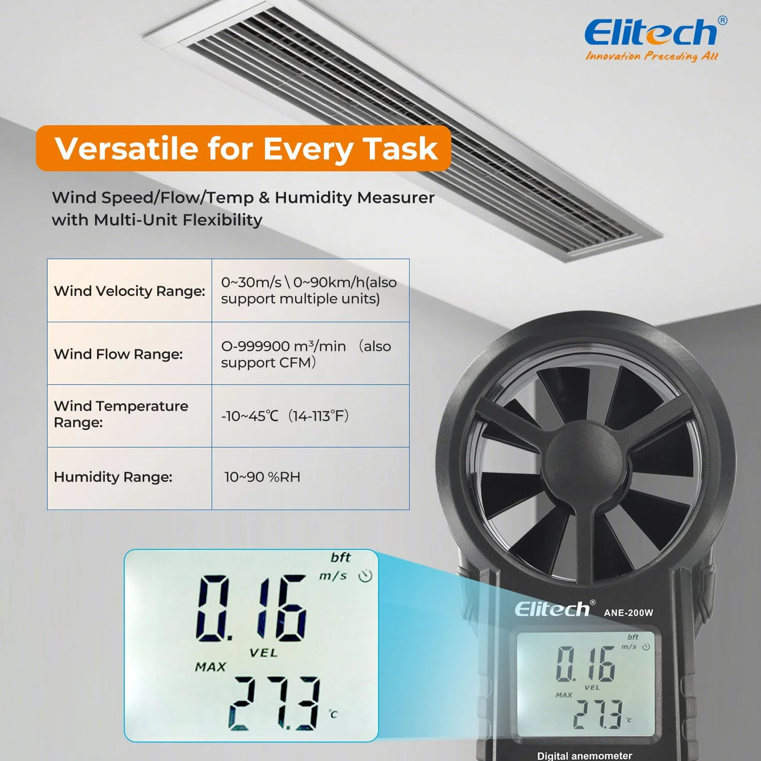 Elitech Anemómetro Digital ANE-200W Medidor Velocidad Viento Temperatura HVAC Flujo Aire CFM CMM Bluetooth USB