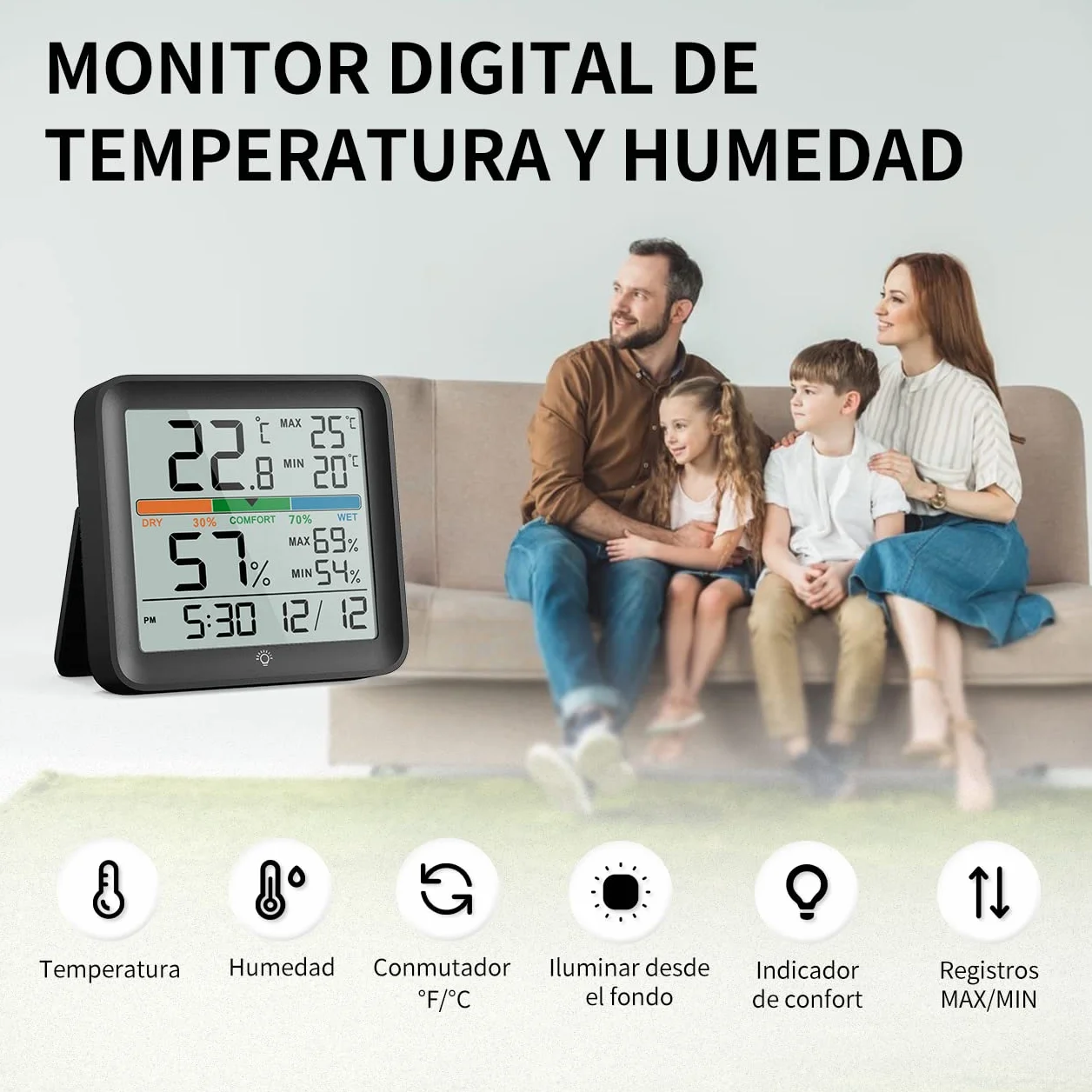 NOKLEAD Termómetro Digital Higrómetro Medidor de Humedad Sensor Temperatura Pantalla LCD Negro