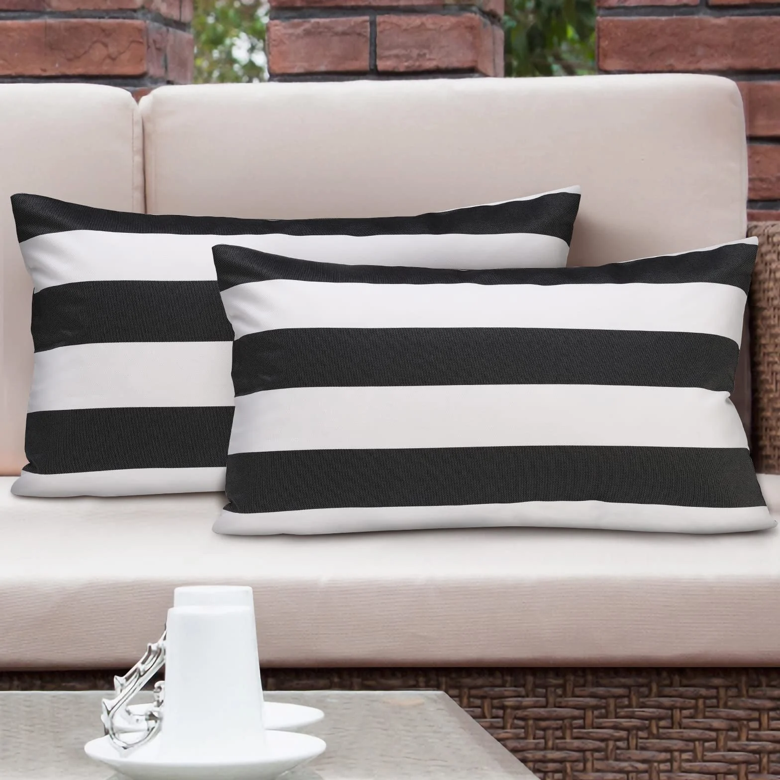 Funda de Almohada Impermeable Exterior 30x50cm, 2PCS Cojín Rectangular a Rayas, Negro Gris & Blanco