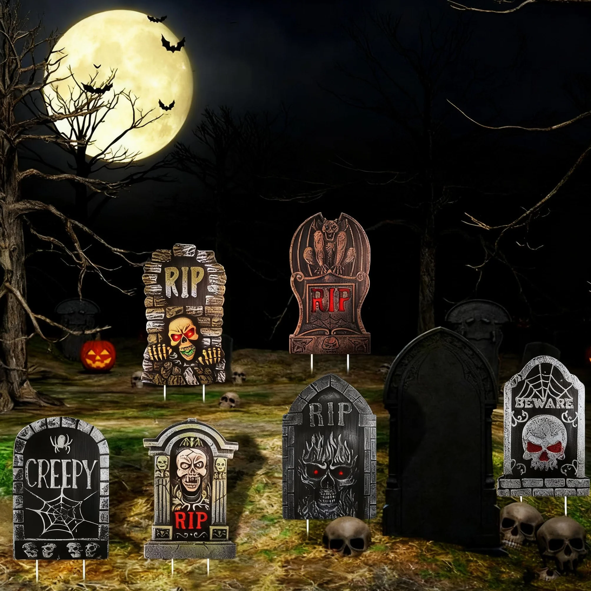 Decoración Lápidas Halloween con Luces LED 6 Unidades Plástico Gris 12 Estacas Jardín Cementerio Tiras Luz Azules Verdes 3 Modos